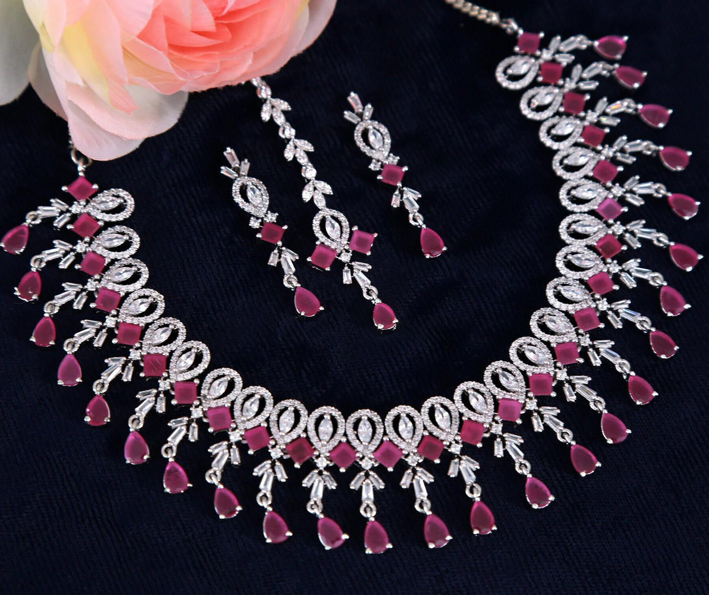 Rose Gold/Silver American Diamond Crystal necklace Earring set | AD Choker mang tikka Jewelry |Ruby topaz stone Indian jewelry |Gift for Her