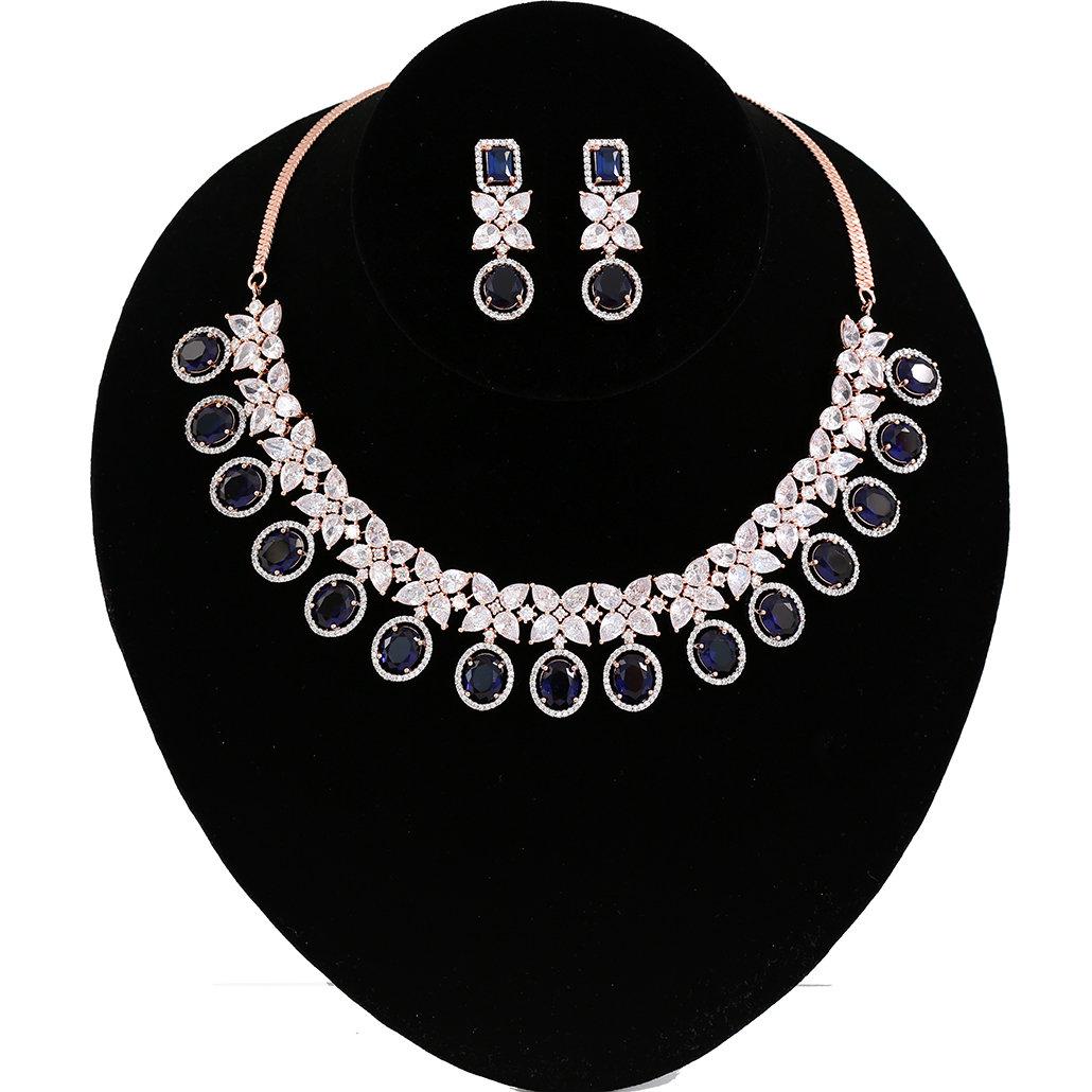 Rose gold polish american diamond topaz/pink/sapphire blue- stone choker necklace earring set| indian wedding jewelry set| gift for her