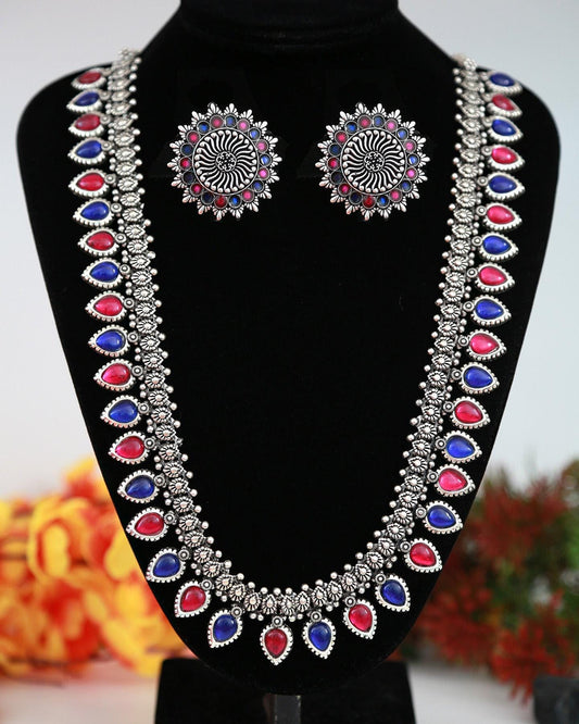 High Quality German Silver Oxidized Long Necklace Jewelry set | Indian Bollywood Necklace | Antique Silver Long Necklace