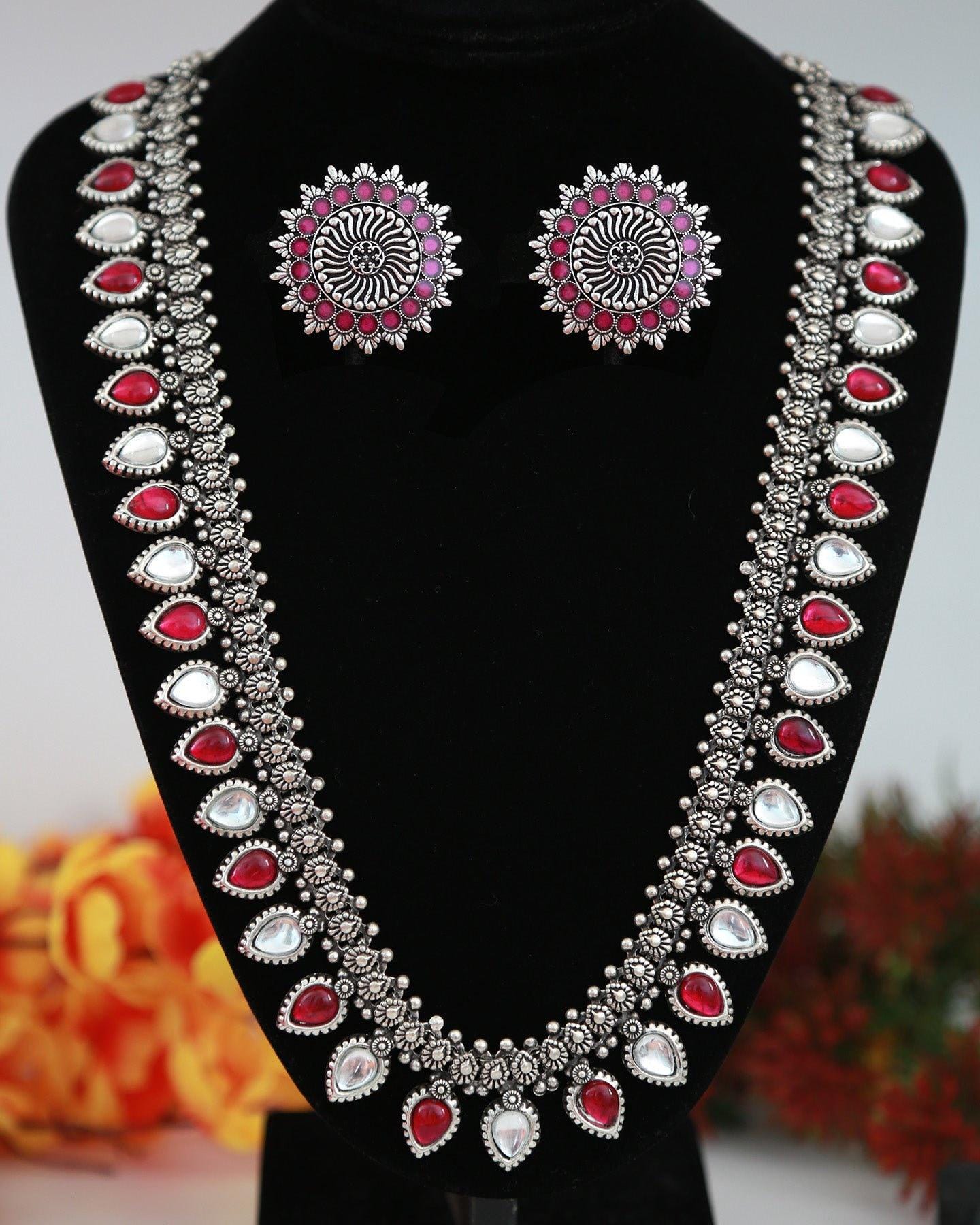 High Quality German Silver Oxidized Long Necklace Jewelry set | Indian Bollywood Necklace | Antique Silver Long Necklace