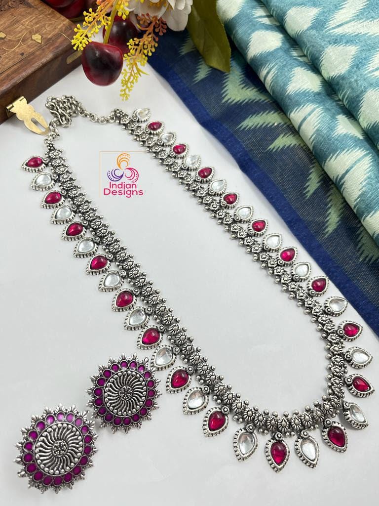 High Quality German Silver Oxidized Long Necklace Jewelry set | Indian Bollywood Necklace | Antique Silver Long Necklace