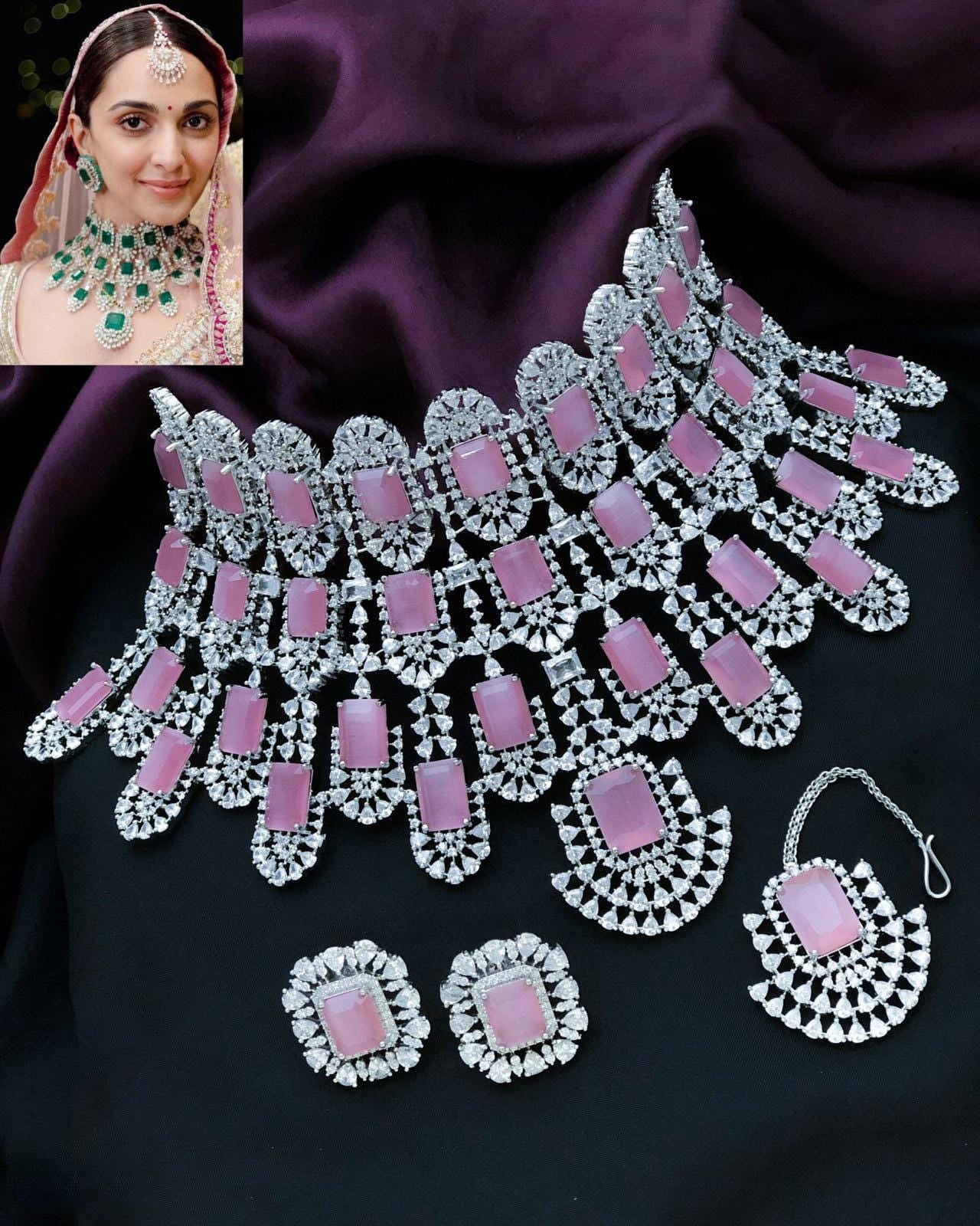 Kiara Advani Wedding Choker Necklace|Bollywood Wedding Jewelry|Emerald CZ Diamond Necklace|Green stone Statement American diamond Bridal set