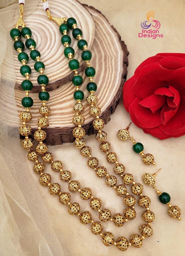 Traditional Handcrafted Golden beads Long matar mala Necklace Earring set | 22 Inch Two layer Gold balls chain mala set |South Indian Jewelry
