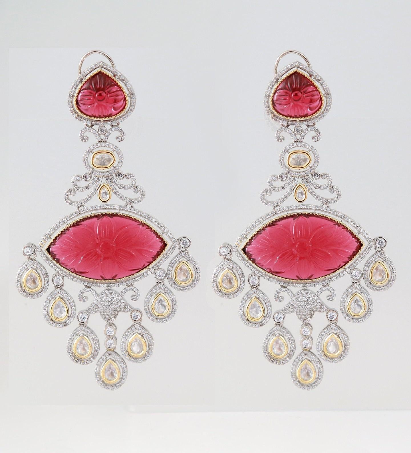 Carved Stone Earrings | Long Statement Earrings | American Diamond Earrings Kundan Stones | Bollywood Jewelry | Pakistani Kundan Earrings