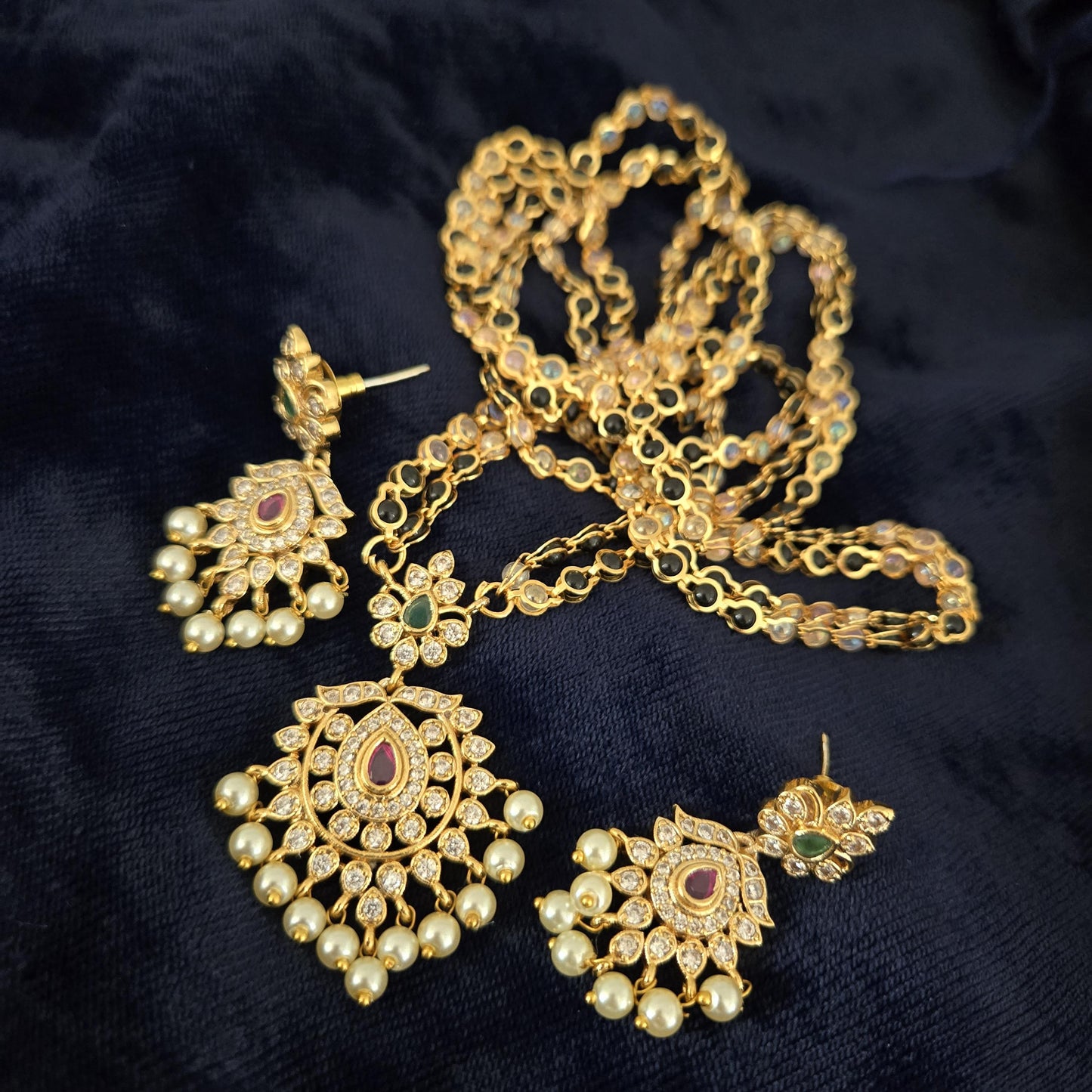 Matte Gold Plated Haram necklace and earring set with floral design|Traditional South Indian Jewelry|Bollywood Style CZ American Diamond Set