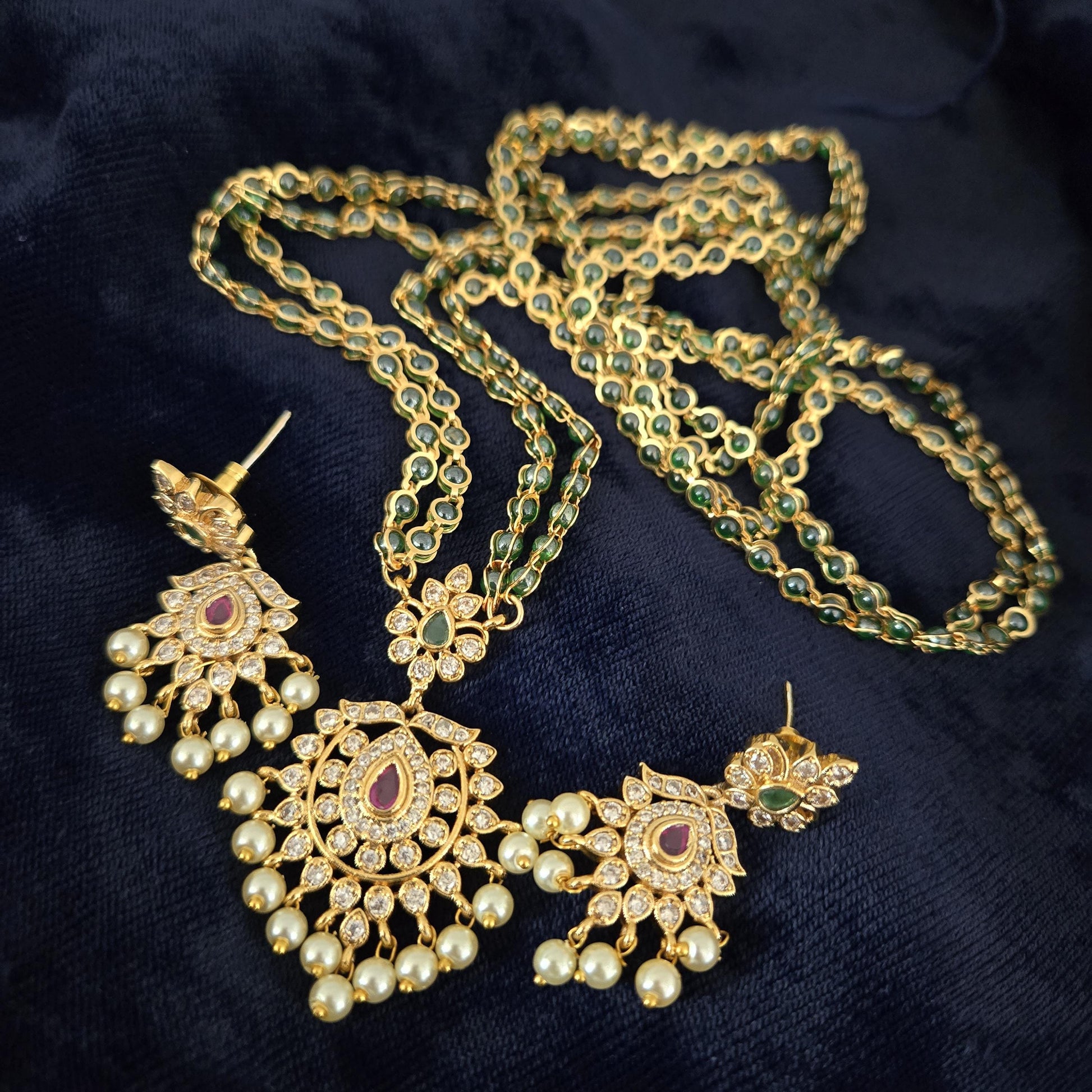 Matte Gold Plated Haram necklace and earring set with floral design|Traditional South Indian Jewelry|Bollywood Style CZ American Diamond Set