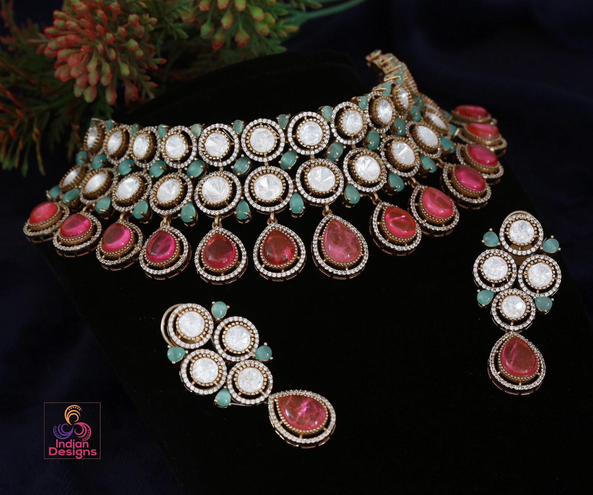 Victorian Polish Kundan choker with Mint Pink moissanite stones