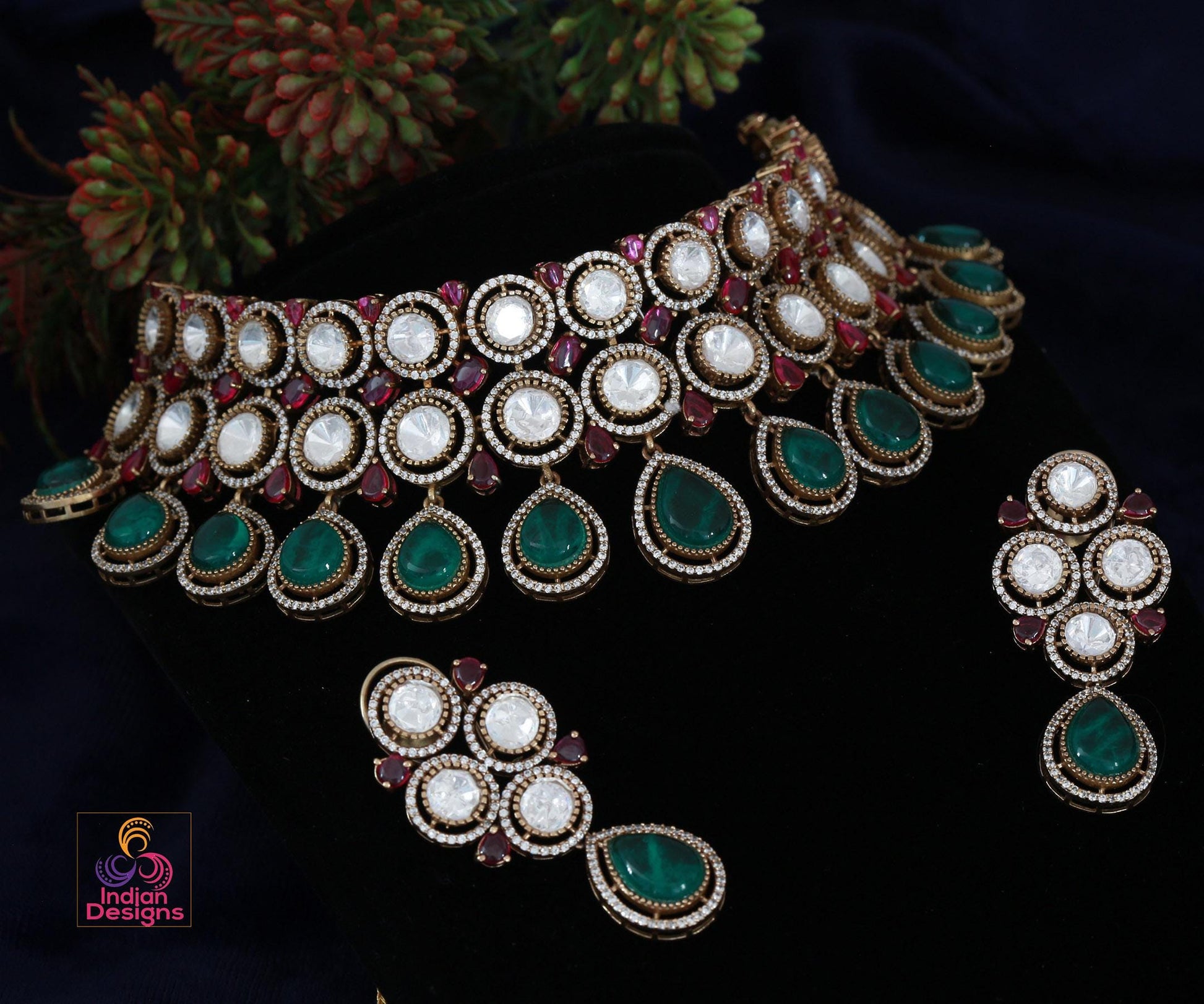 Moissanite kundan choker necklace earring set| victorian polish kundan jewelry| statement choker necklace| wedding jewelry| gift for her