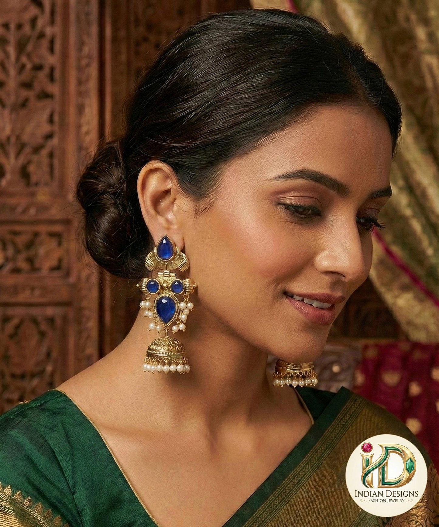 Latest antique gold jhumka designs with Pearl drops | Long Party jhumka Set with color stones