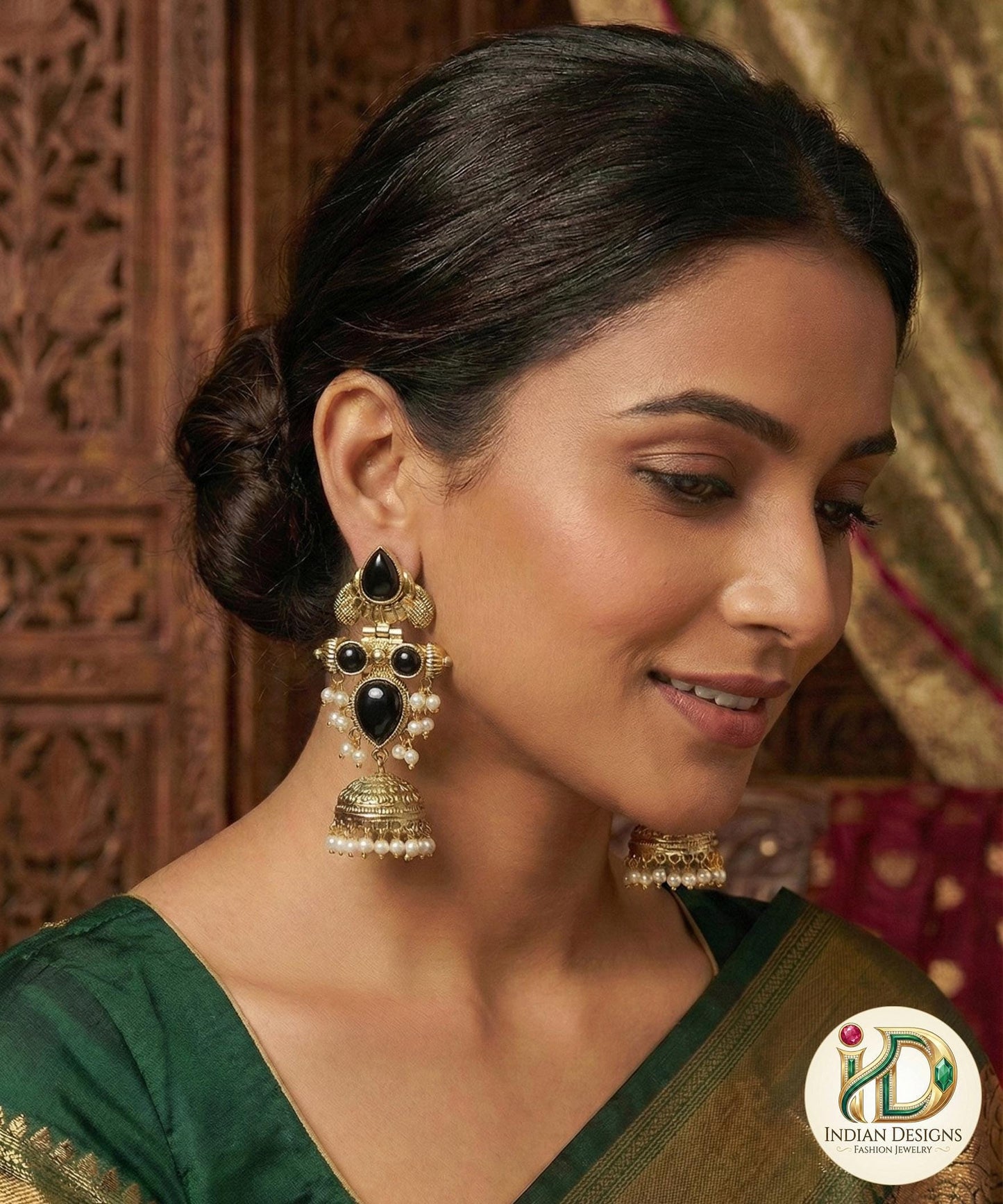 Latest antique gold jhumka designs with Pearl drops | Long Party jhumka Set with color stones