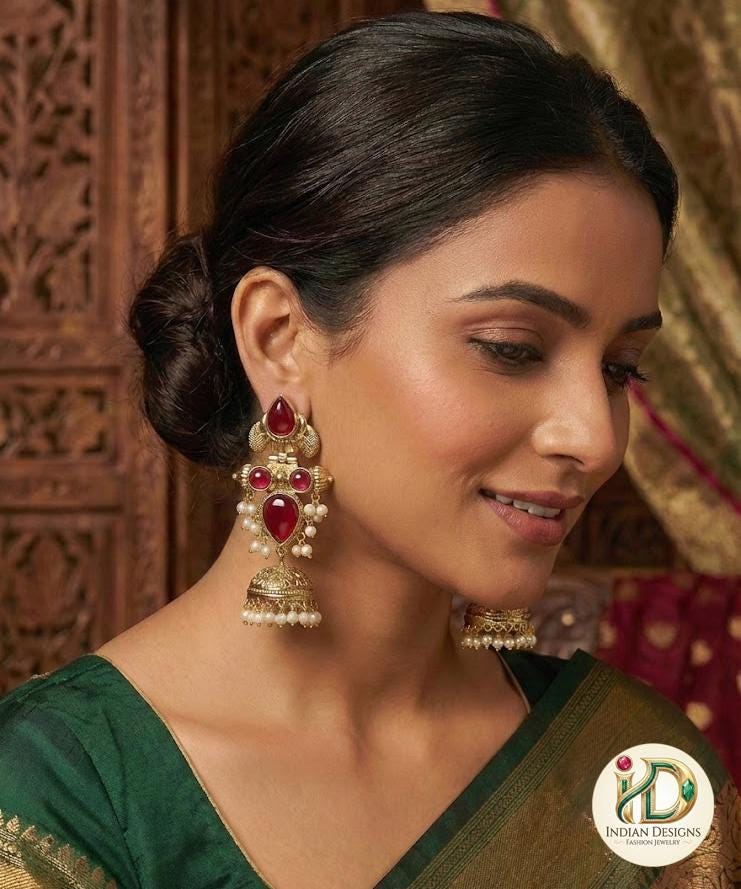 Latest antique gold jhumka designs with Pearl drops | Long Party jhumka Set with color stones