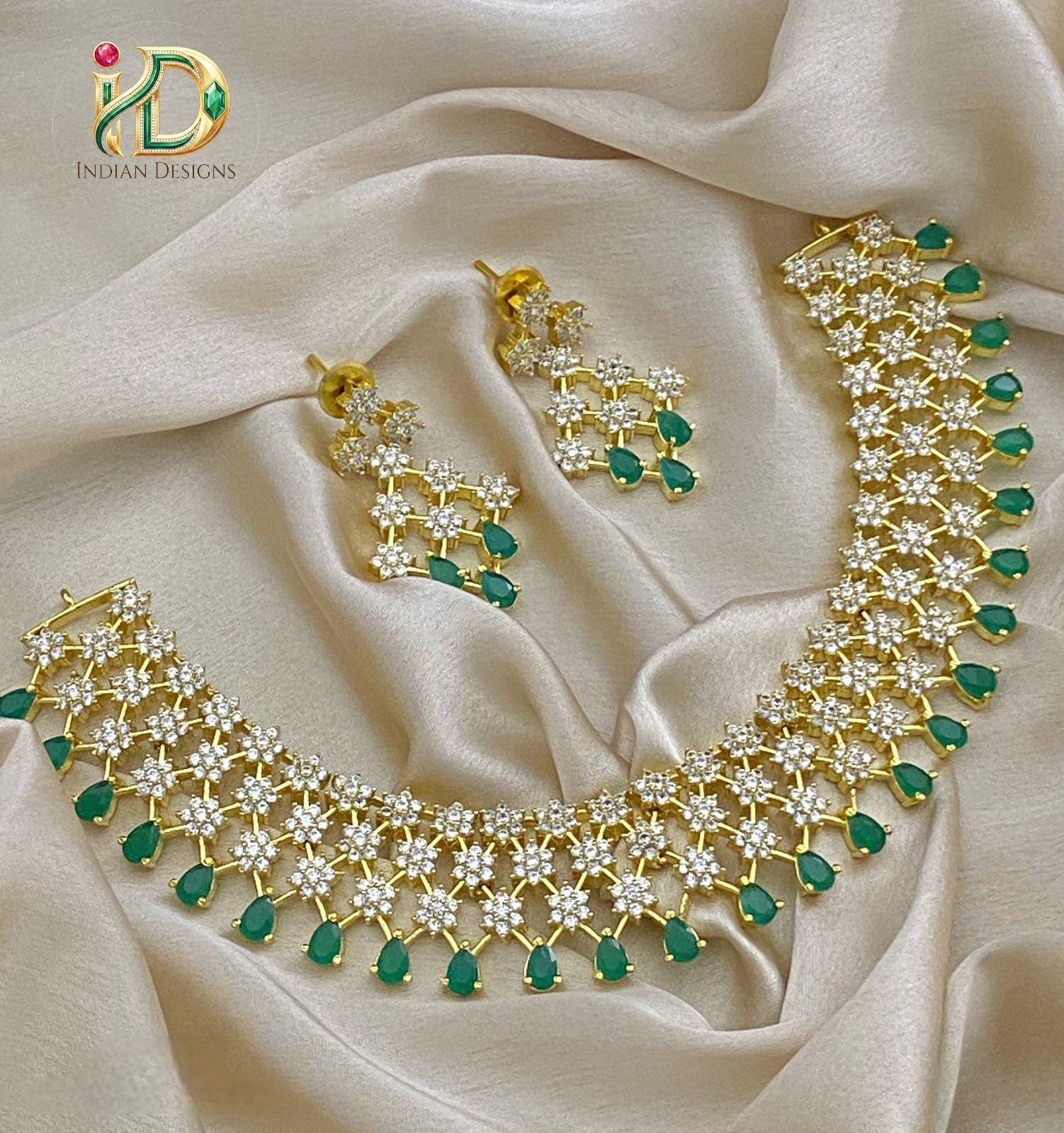Bollywood White Crystal Triple Rows Star Intricate Design with Green CZ Necklace|American Diamond Jewelry|Indian Wedding Bridal Necklace