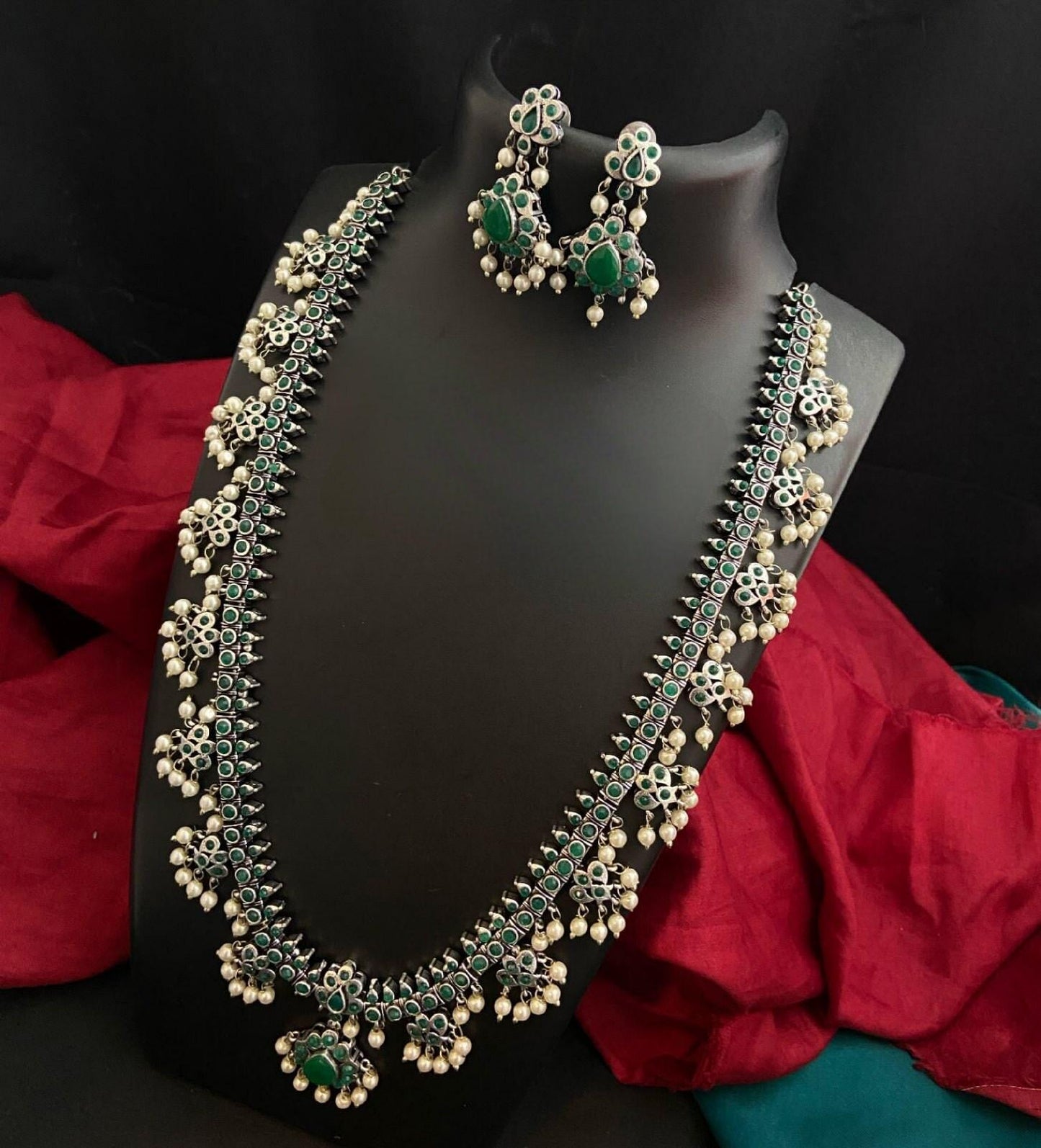 German Silver Oxidized Indian Jewelry Long Necklace Earring set, Antique Silver Wedding necklace with pearl hangings, Boho Jewelry set