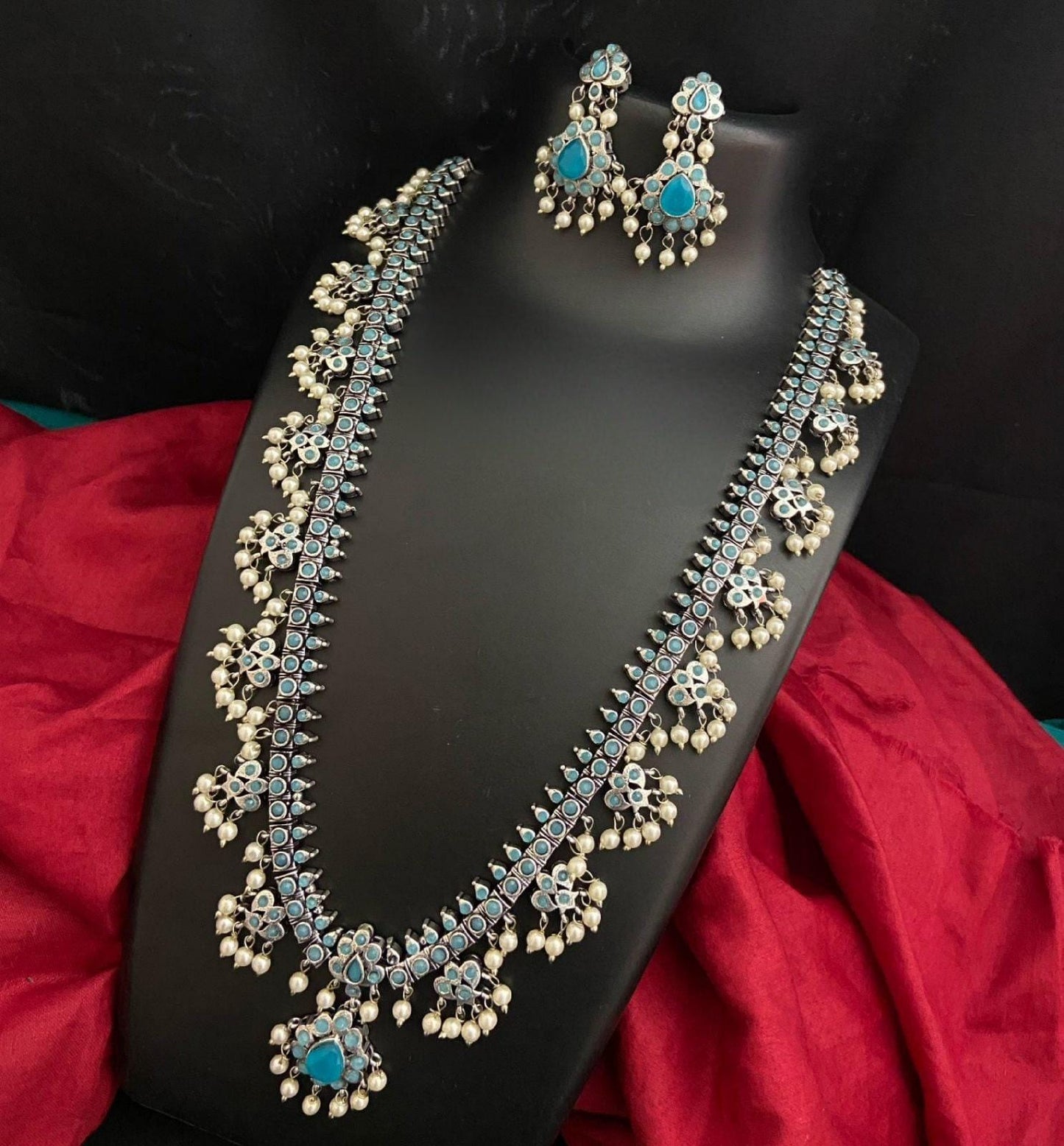 German Silver Oxidized Indian Jewelry Long Necklace Earring set, Antique Silver Wedding necklace with pearl hangings, Boho Jewelry set