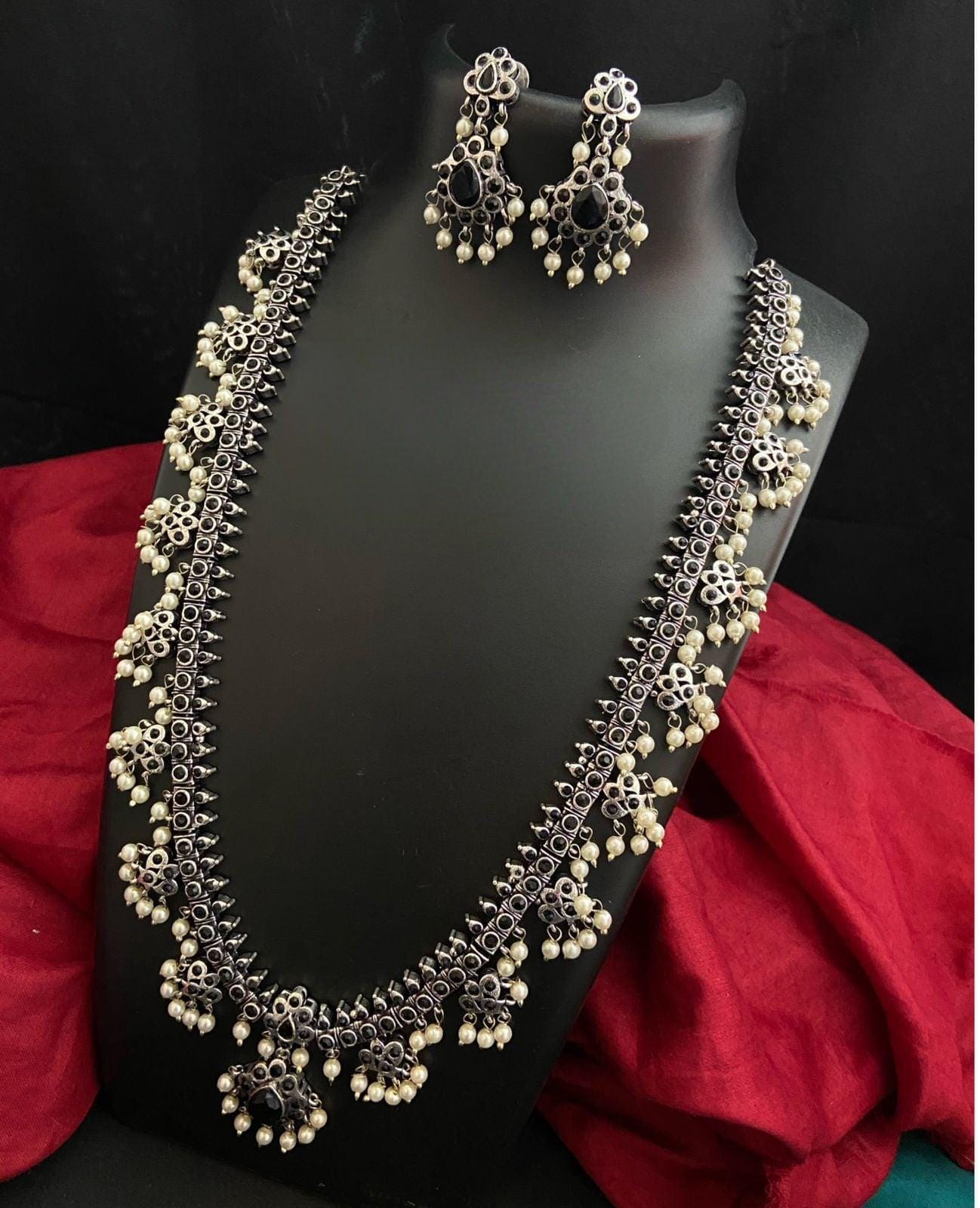 German Silver Oxidized Indian Jewelry Long Necklace Earring set, Antique Silver Wedding necklace with pearl hangings, Boho Jewelry set