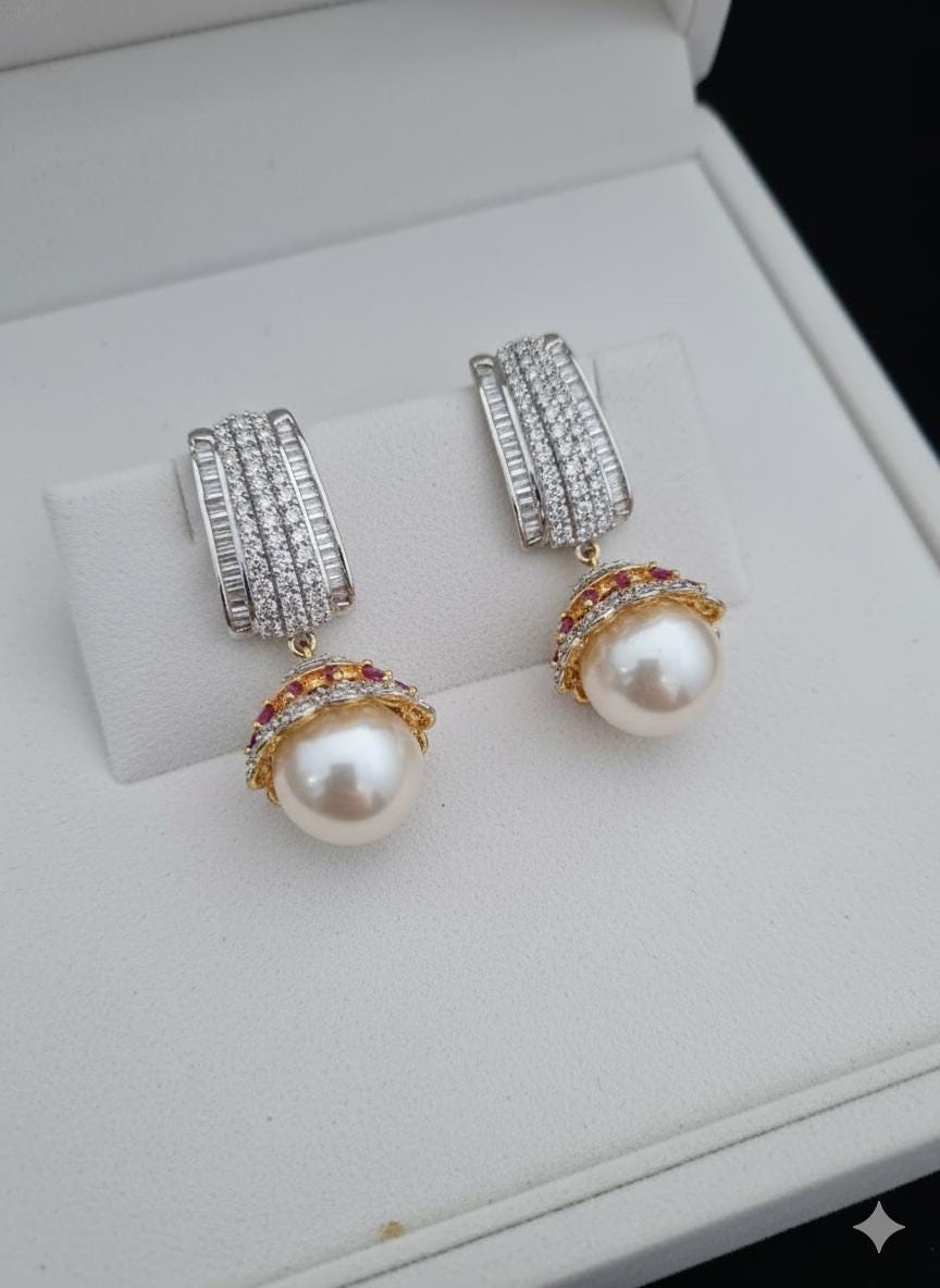 AD Gold Pearl Jhumka Earrings| Pearl Drop Jhumki| Earrings with Ruby Accent| Statement Boho Wedding Jewelry| Gift for her