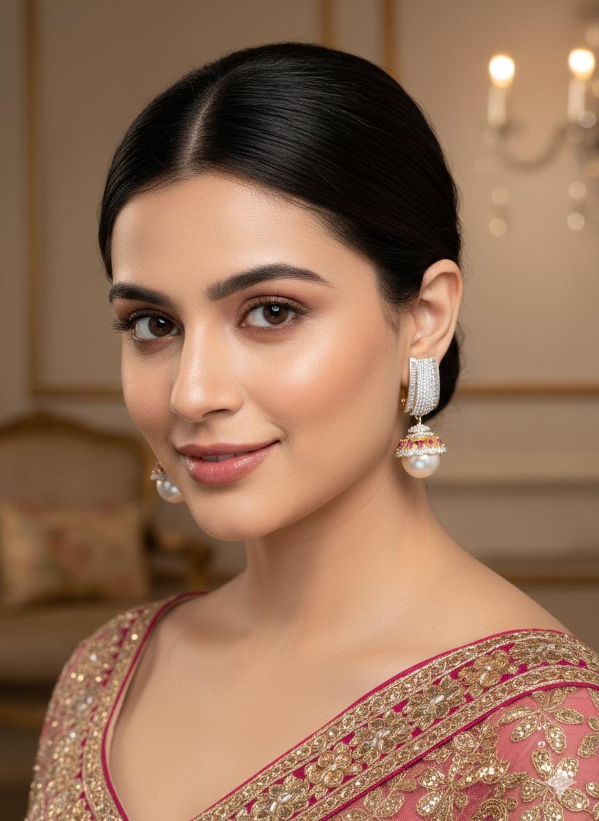 AD Gold Pearl Jhumka Earrings| Pearl Drop Jhumki| Earrings with Ruby Accent| Statement Boho Wedding Jewelry| Gift for her