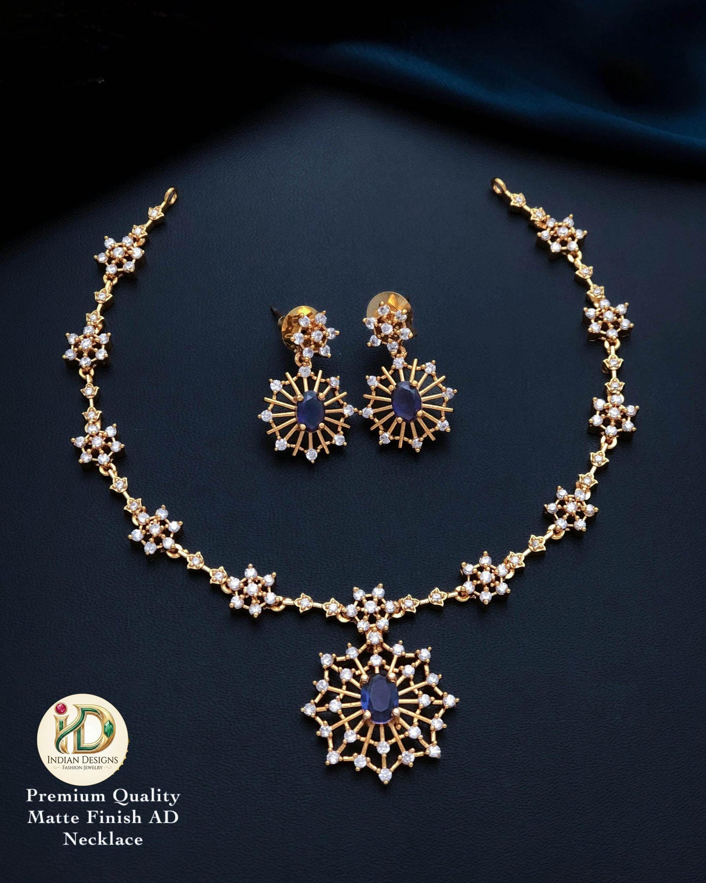 Matte Gold Finish AD Necklace Set with Sunburst Pendant & Matching Earrings| gift for her