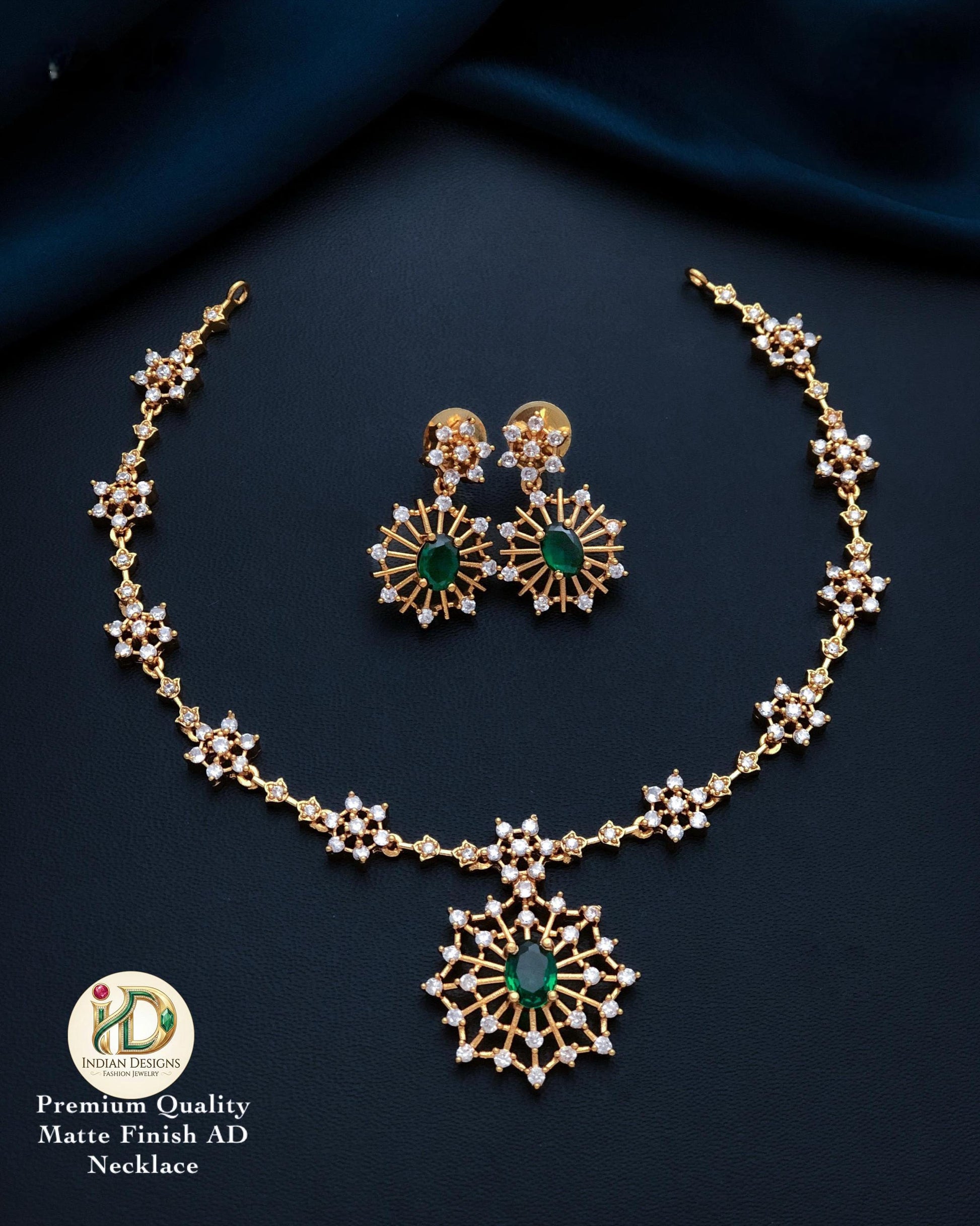 Matte Gold Finish AD Necklace Set with Sunburst Pendant & Matching Earrings| gift for her