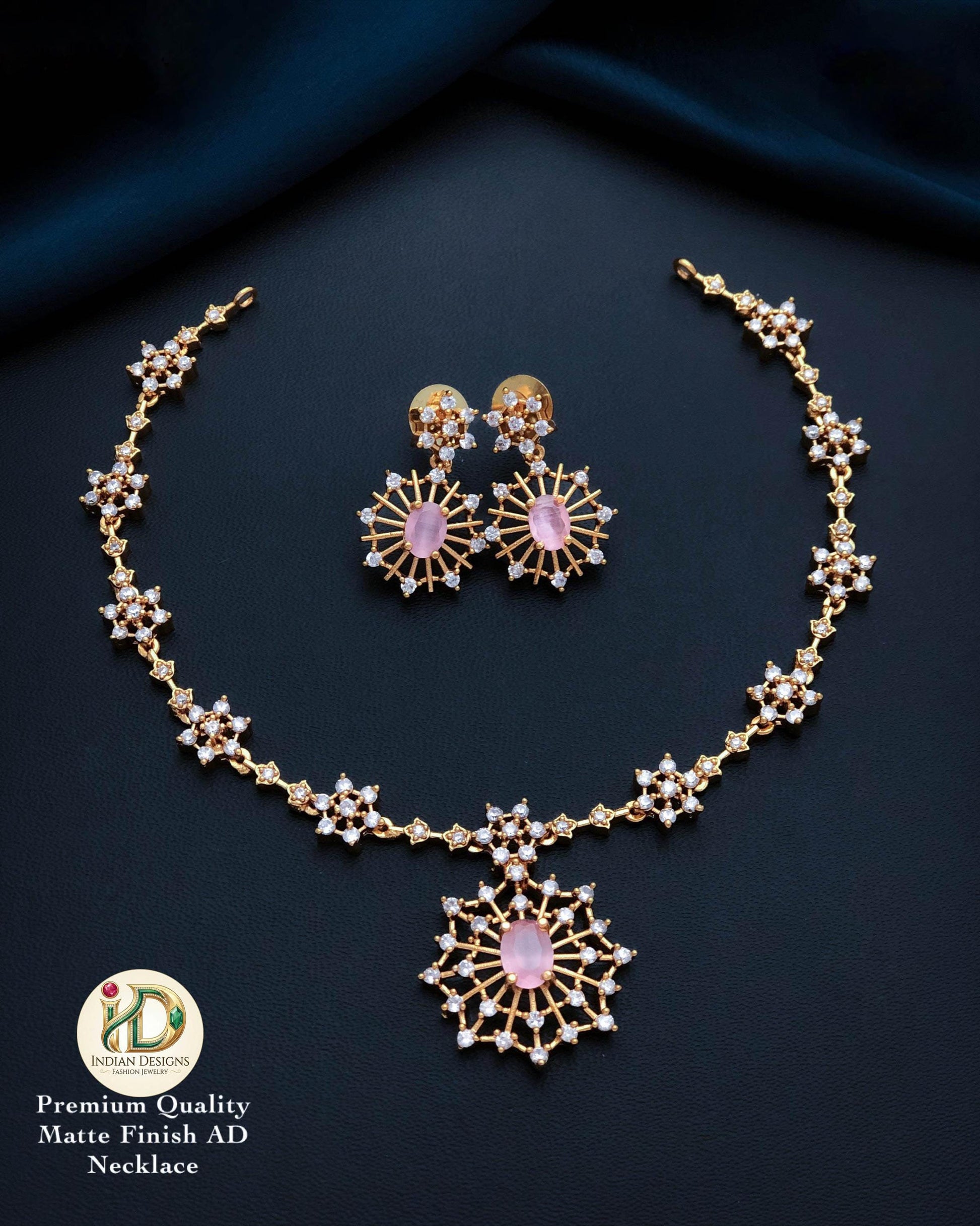 Matte Gold Finish AD Necklace Set with Sunburst Pendant & Matching Earrings| gift for her