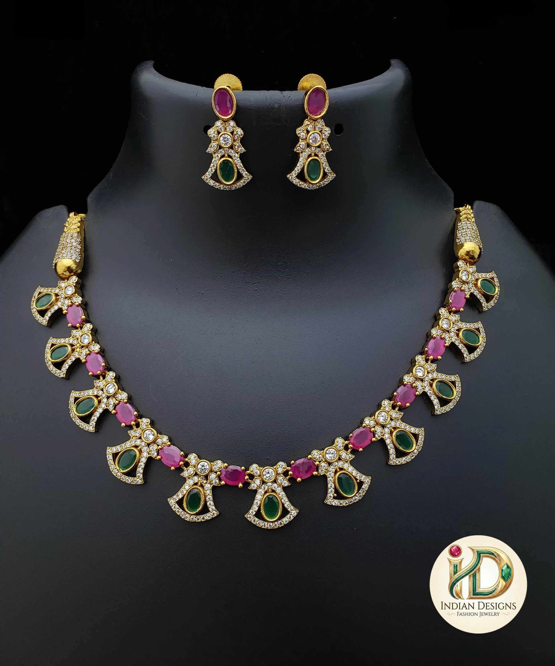 Antique Gold American Diamond Choker Necklace Set| AD stone Ruby Emerald Choker |Indian Party Jewelry| Statement Necklace| Gift for her