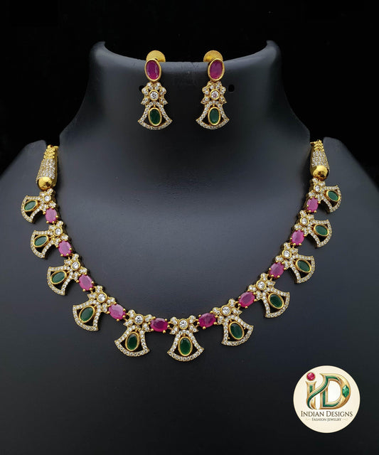 Antique Gold American Diamond Choker Necklace Set| AD stone Ruby Emerald Choker |Indian Party Jewelry| Statement Necklace| Gift for her