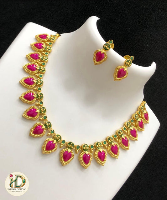 South Indian Style Gold Necklace Set with Ruby & Green Stones |Traditional Necklace with Earrings| Wedding Party jewelry| Gift for her