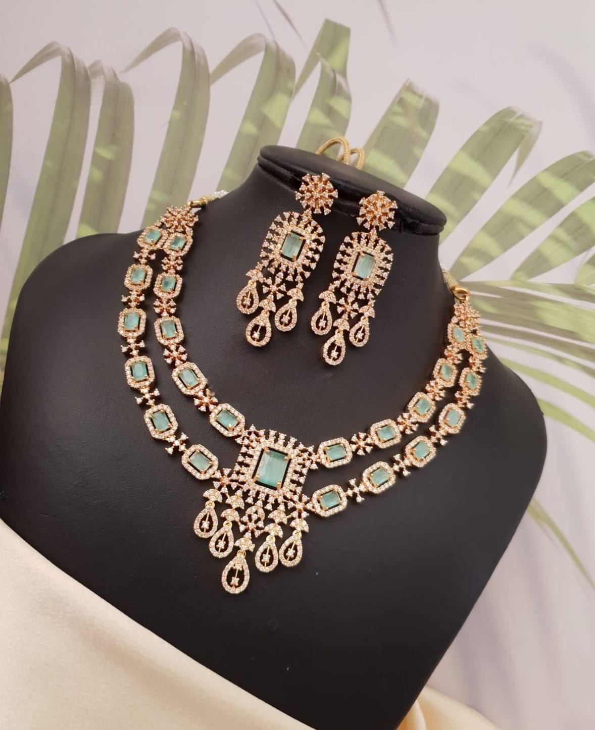 Gold Plated American Diamond necklace with Emerald cut Baby Pink/Mint stones| Two layer AD necklace Indian Wedding jewelry set|Gift for her