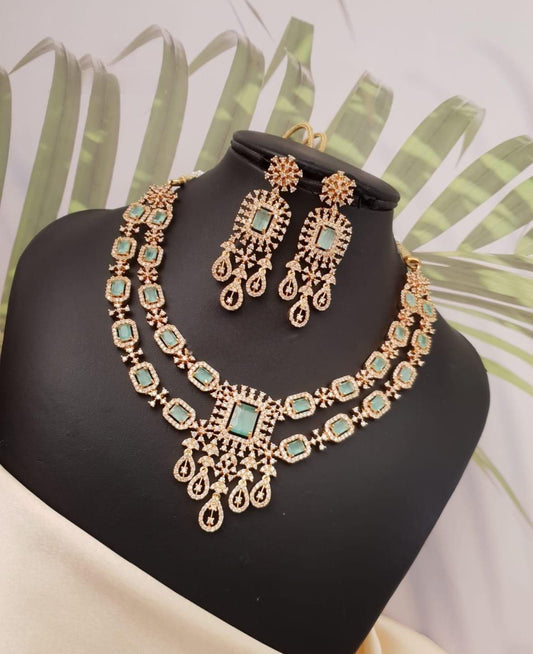 Gold Plated American Diamond necklace with Emerald cut Baby Pink/Mint stones| Two layer AD necklace Indian Wedding jewelry set|Gift for her