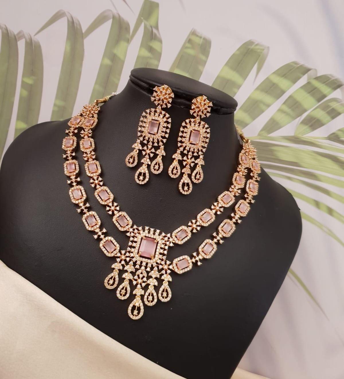 Gold Plated American Diamond necklace with Emerald cut Baby Pink/Mint stones| Two layer AD necklace Indian Wedding jewelry set|Gift for her