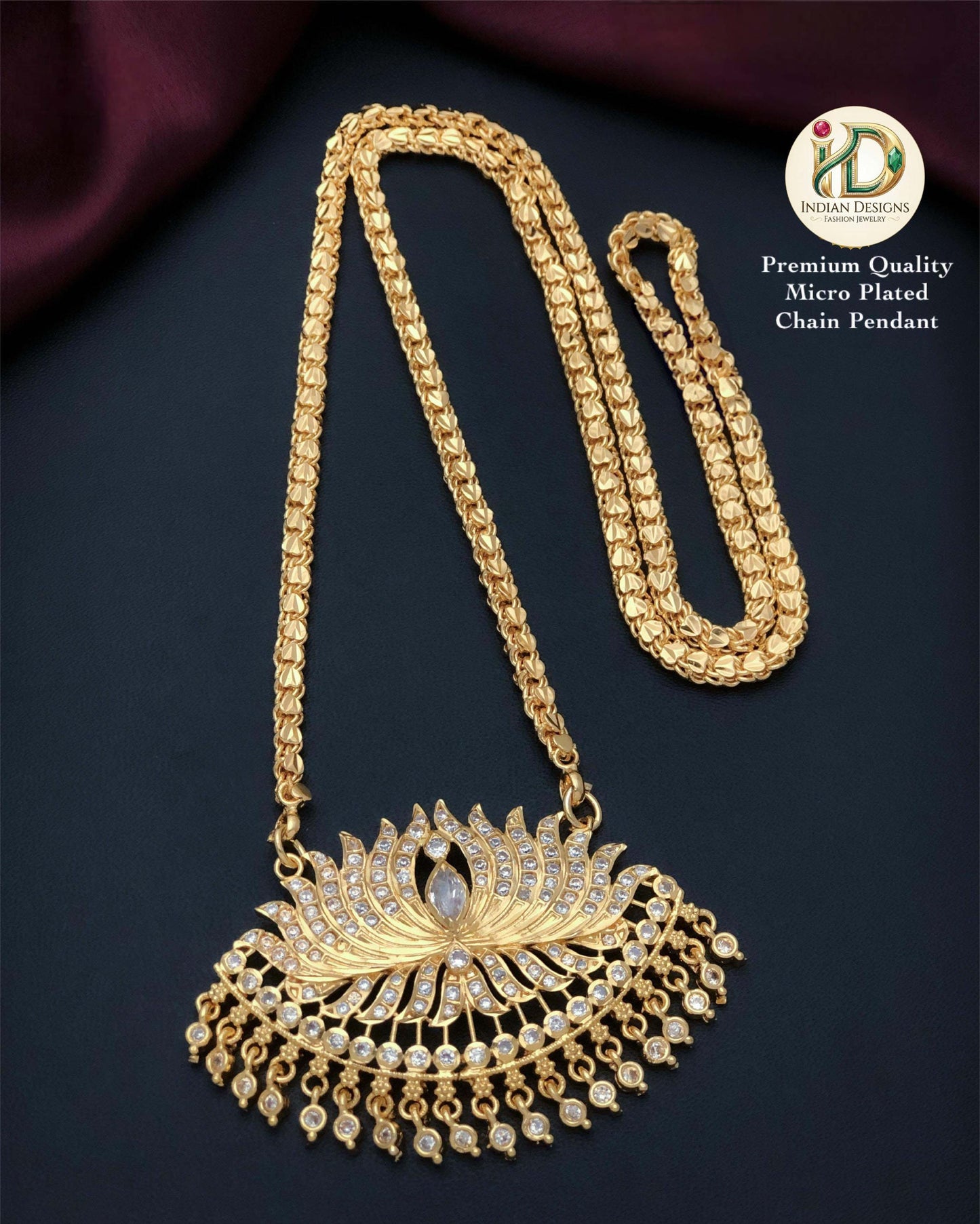 Gold Plated Lotus Pendant Chain Necklace| Traditional American Diamond Ruby Green Pendant Jewelry| South Indian style Wedding Pathakkam