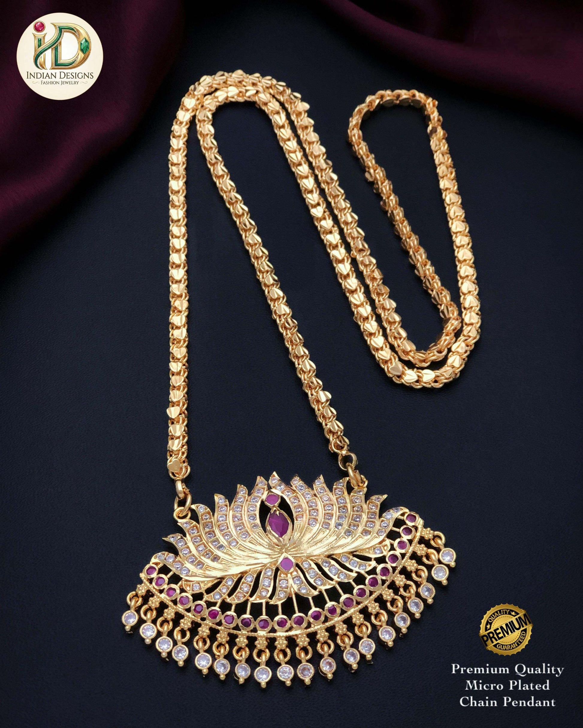 Gold Plated Lotus Pendant Chain Necklace| Traditional American Diamond Ruby Green Pendant Jewelry| South Indian style Wedding Pathakkam