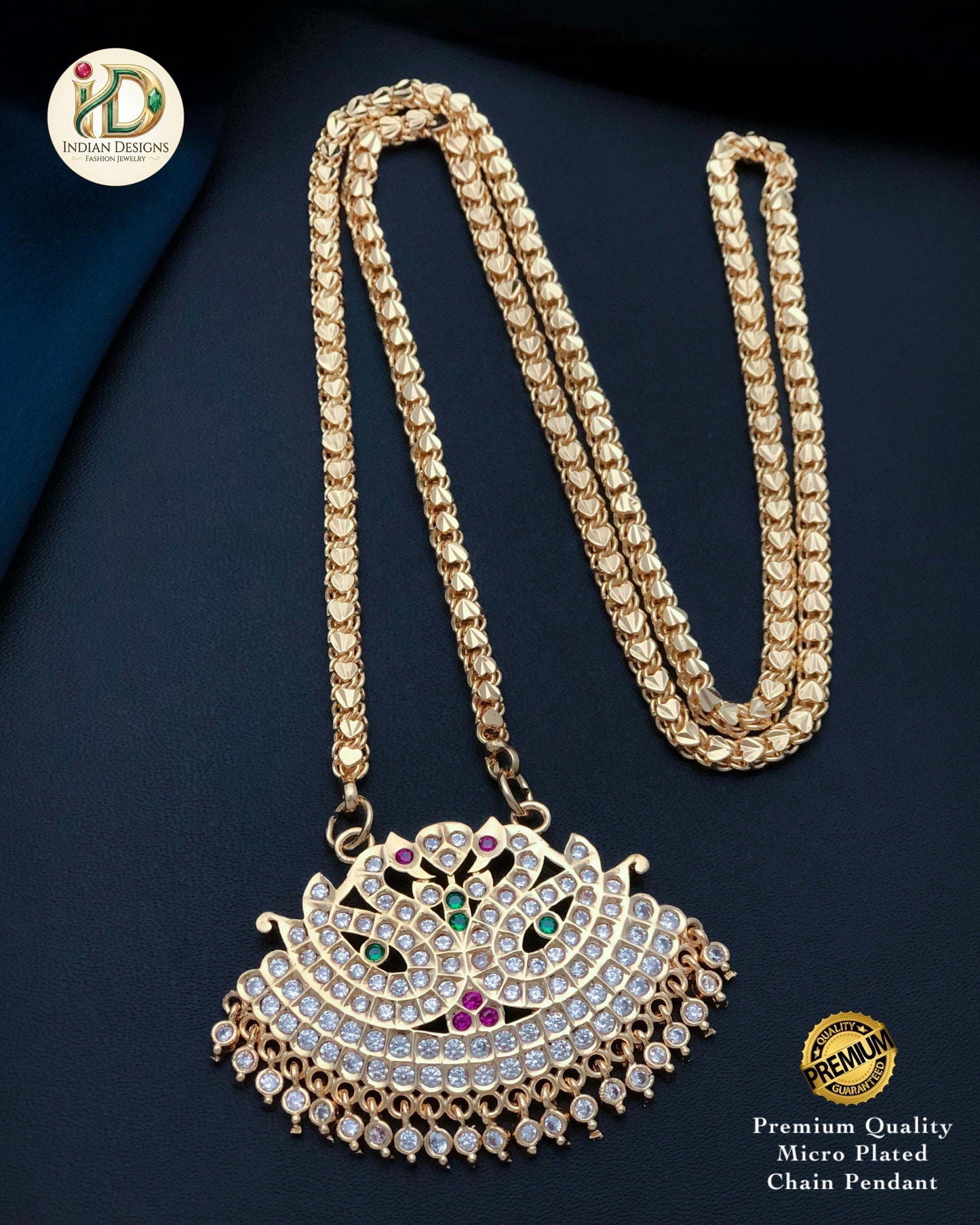 American Diamond Peacock Mugappu| Traditional |South Indian style Gold Plated Daily Wear Mala| Gold Plated Long Necklace & CZ Stone Pendant