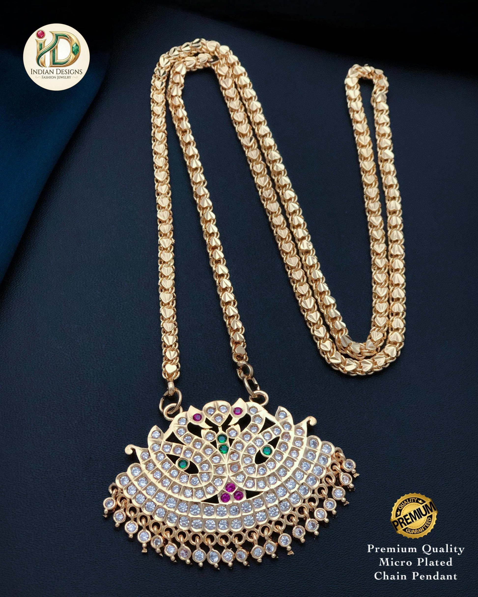 American Diamond Peacock Mugappu| Traditional |South Indian style Gold Plated Daily Wear Mala| Gold Plated Long Necklace & CZ Stone Pendant
