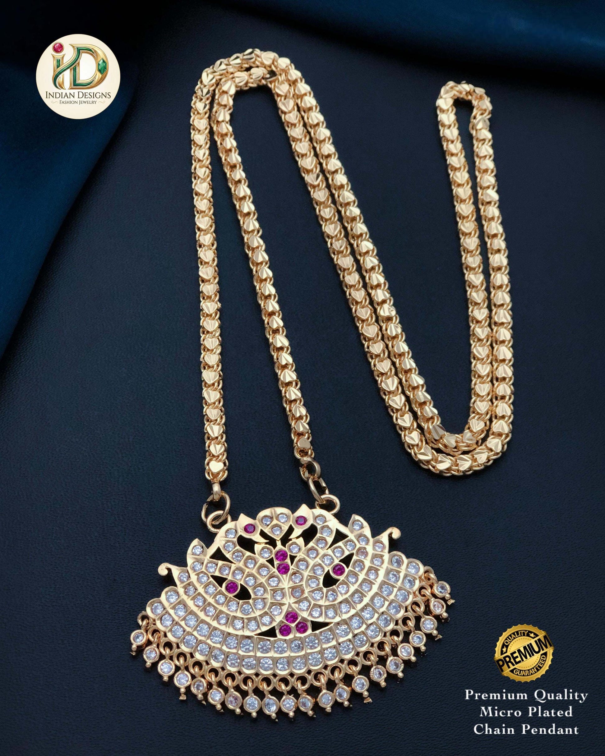 American Diamond Peacock Mugappu| Traditional |South Indian style Gold Plated Daily Wear Mala| Gold Plated Long Necklace & CZ Stone Pendant