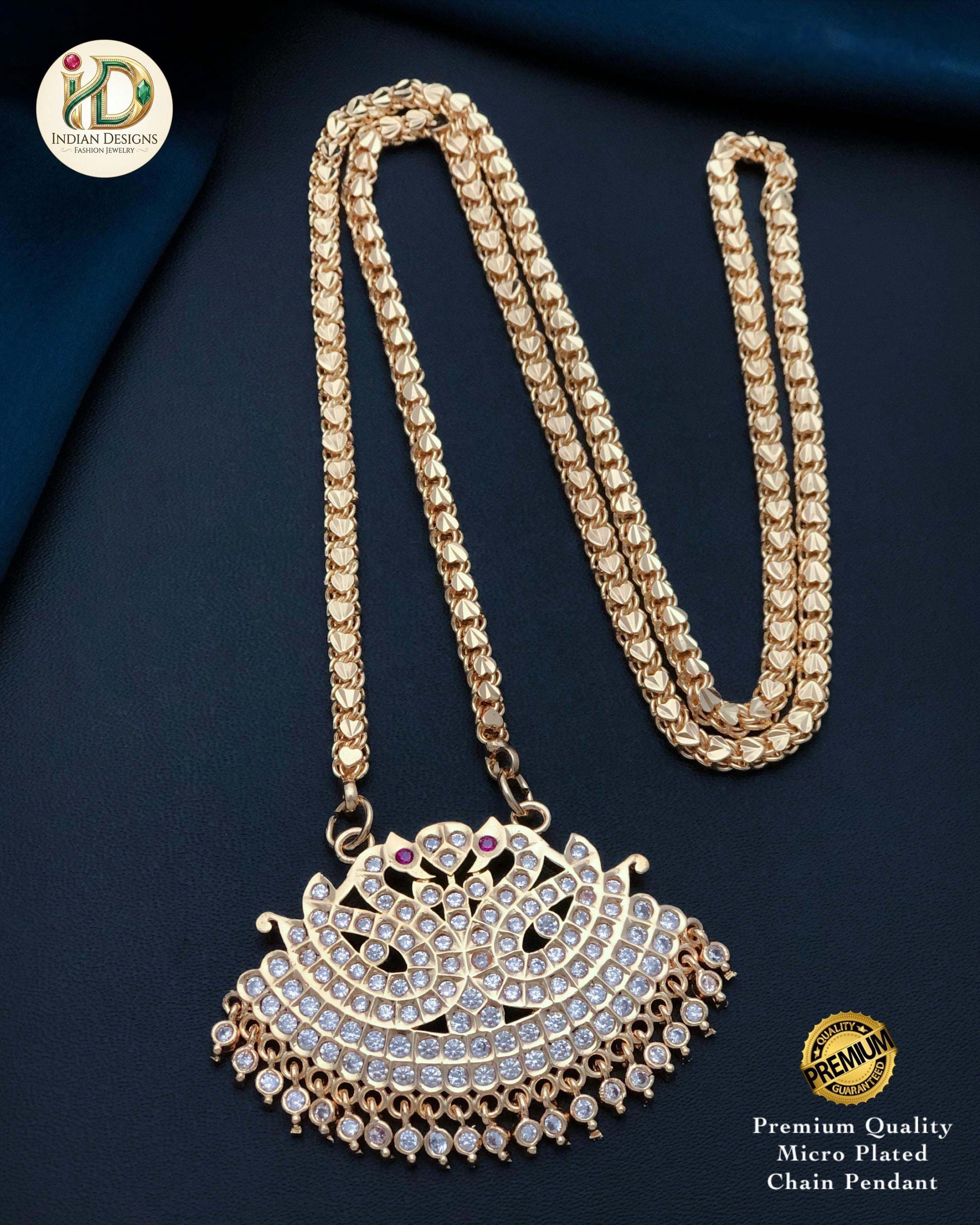 American Diamond Peacock Mugappu| Traditional |South Indian style Gold Plated Daily Wear Mala| Gold Plated Long Necklace & CZ Stone Pendant