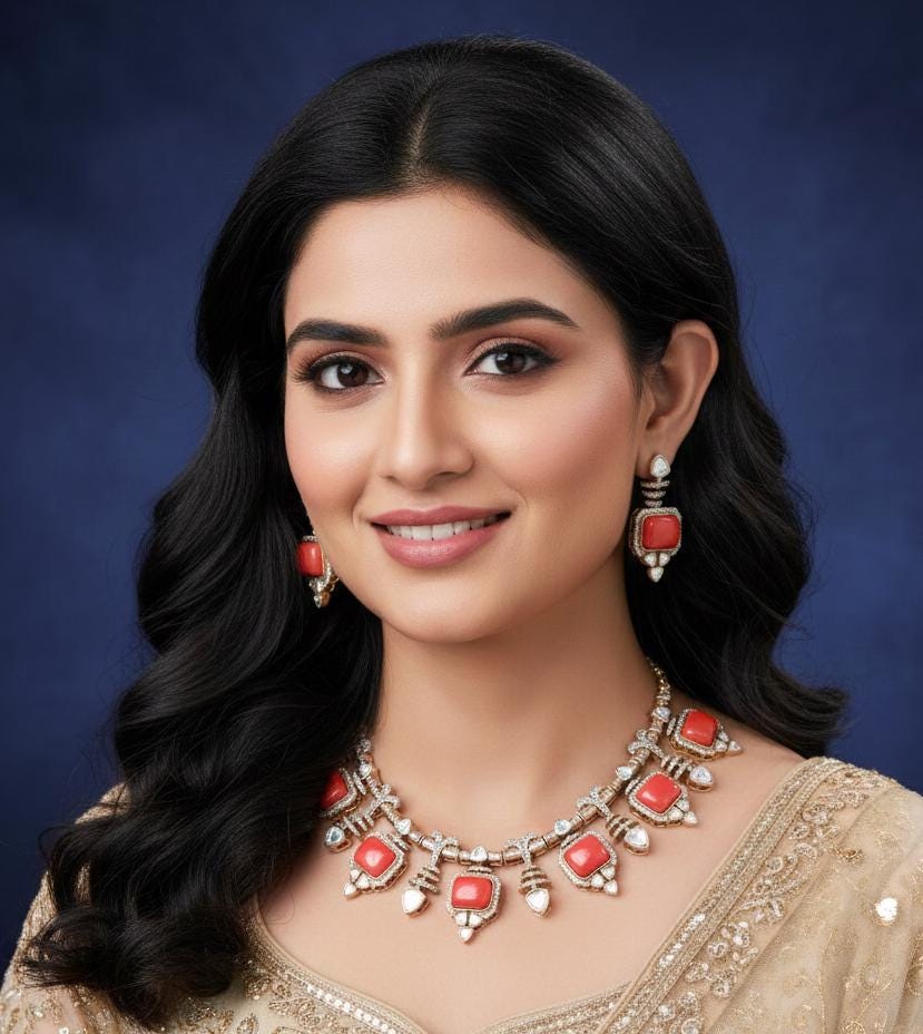 Pink Doublet and Moissanite Stone Necklace & Earring Set| Victorian Gold Purple Kundan Sabyasachi Inspired Jewelry| Statement necklace set