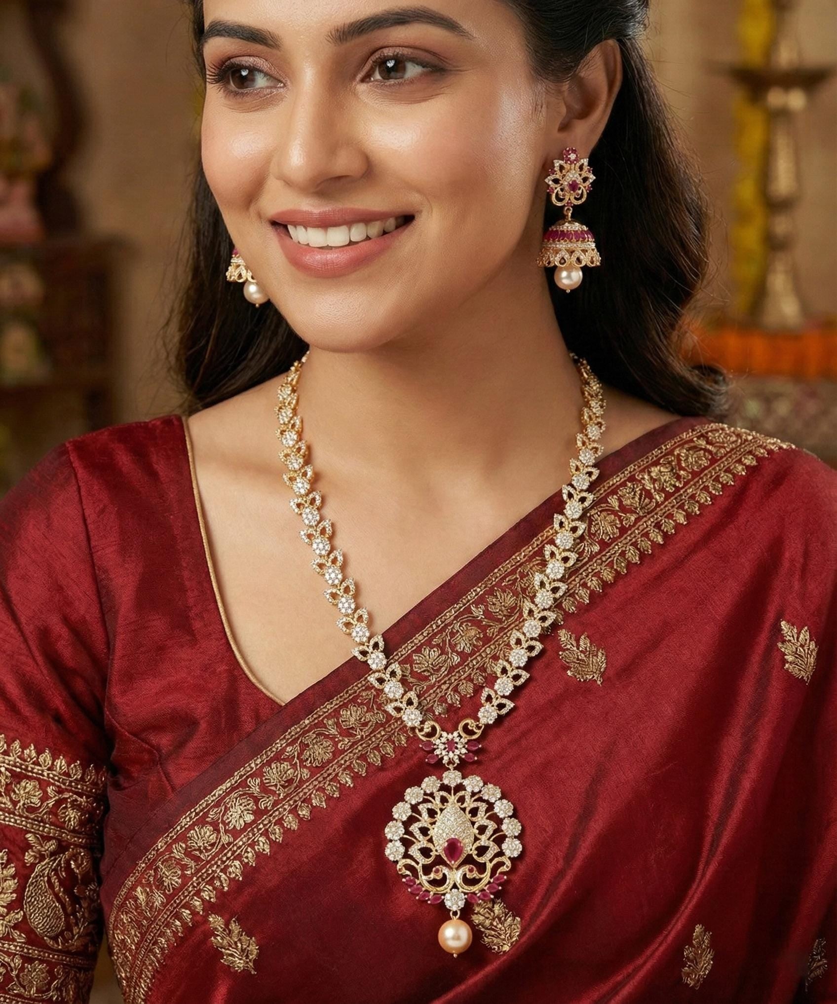 Indian Jewelry American Diamond Long Necklace & Jhumka Earrings Set, Peacock Motif Bridal Gold-Plated Jewelry with Pearls and Ruby Accents