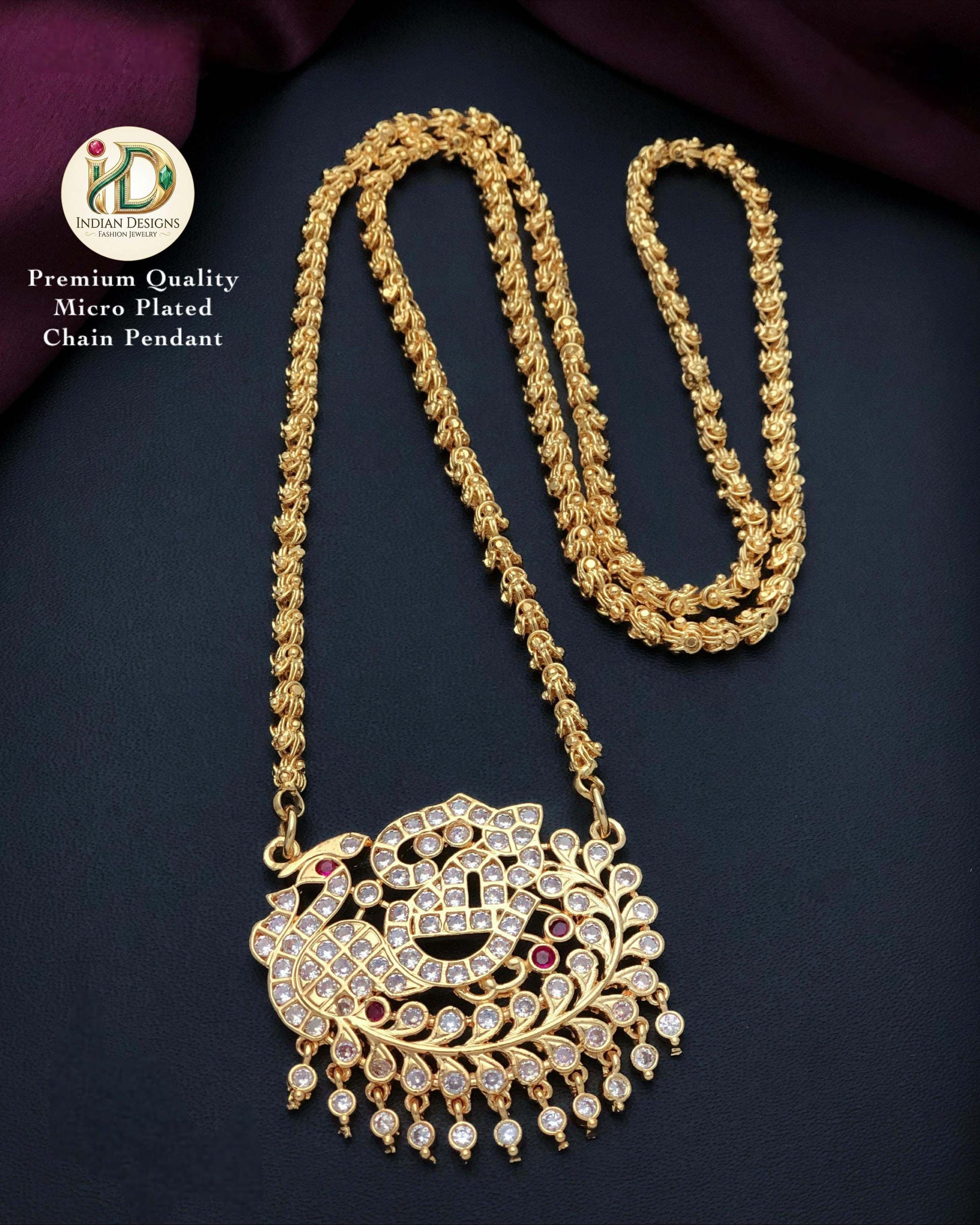 American Diamond Peacock Mugappu| Traditional |South Indian style Gold Plated Daily Wear Mala| Gold Plated Long Necklace & CZ Stone Pendant