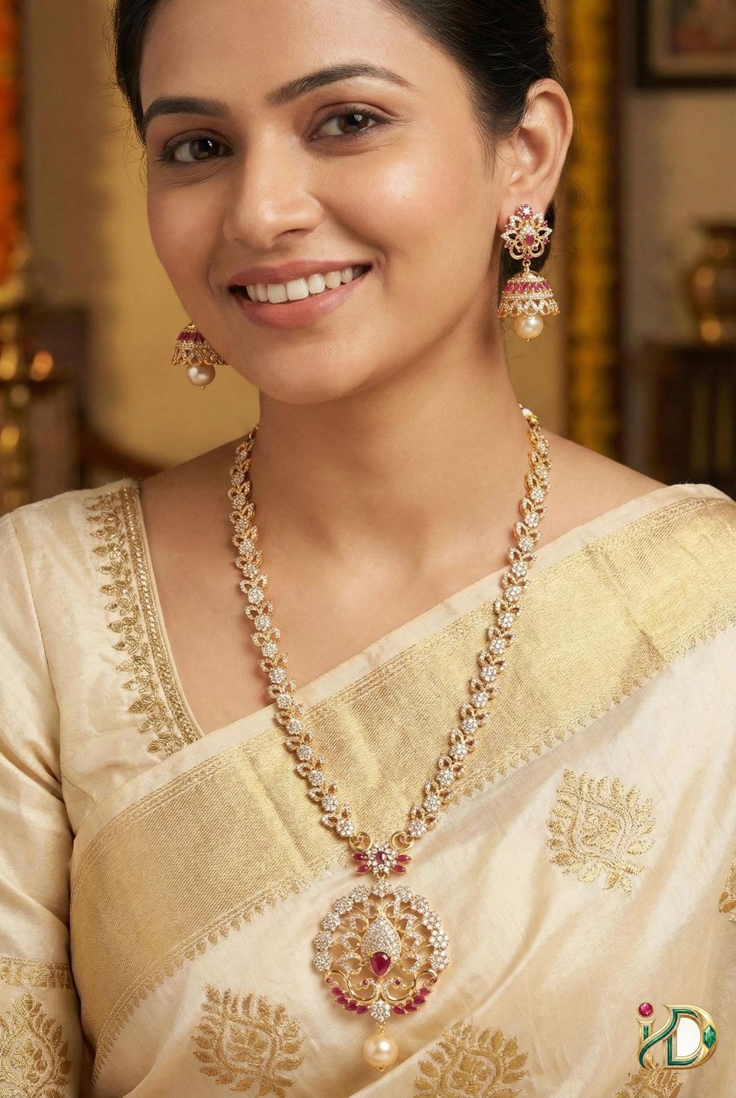 Indian Jewelry American Diamond Long Necklace & Jhumka Earrings Set, Peacock Motif Bridal Gold-Plated Jewelry with Pearls and Ruby Accents