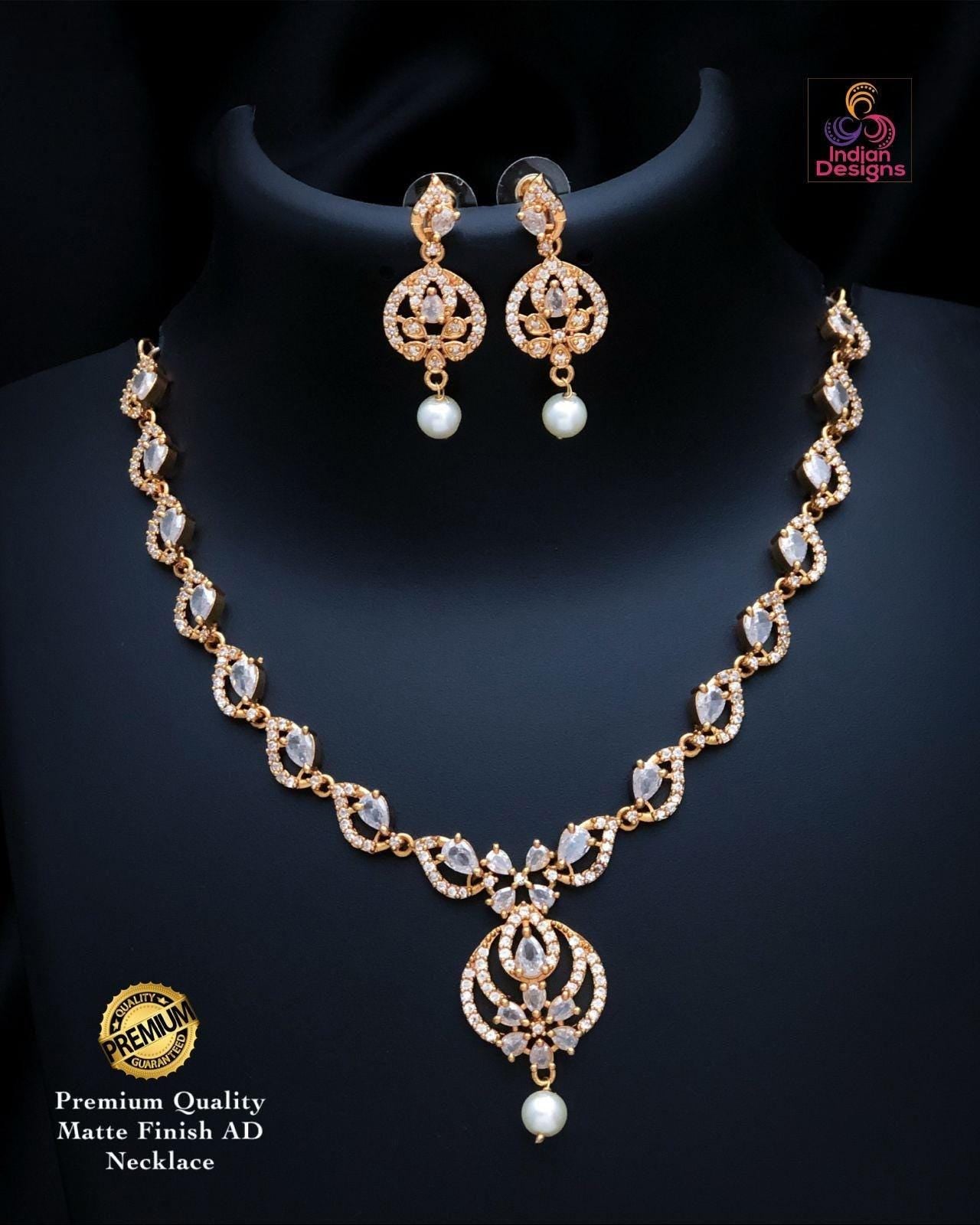 American Diamond Ruby Green Necklace Set| Matte Finish CZ Jewelry with Pearl Drop| Wedding & Party Wear Necklace Earring Combo|Gift for her