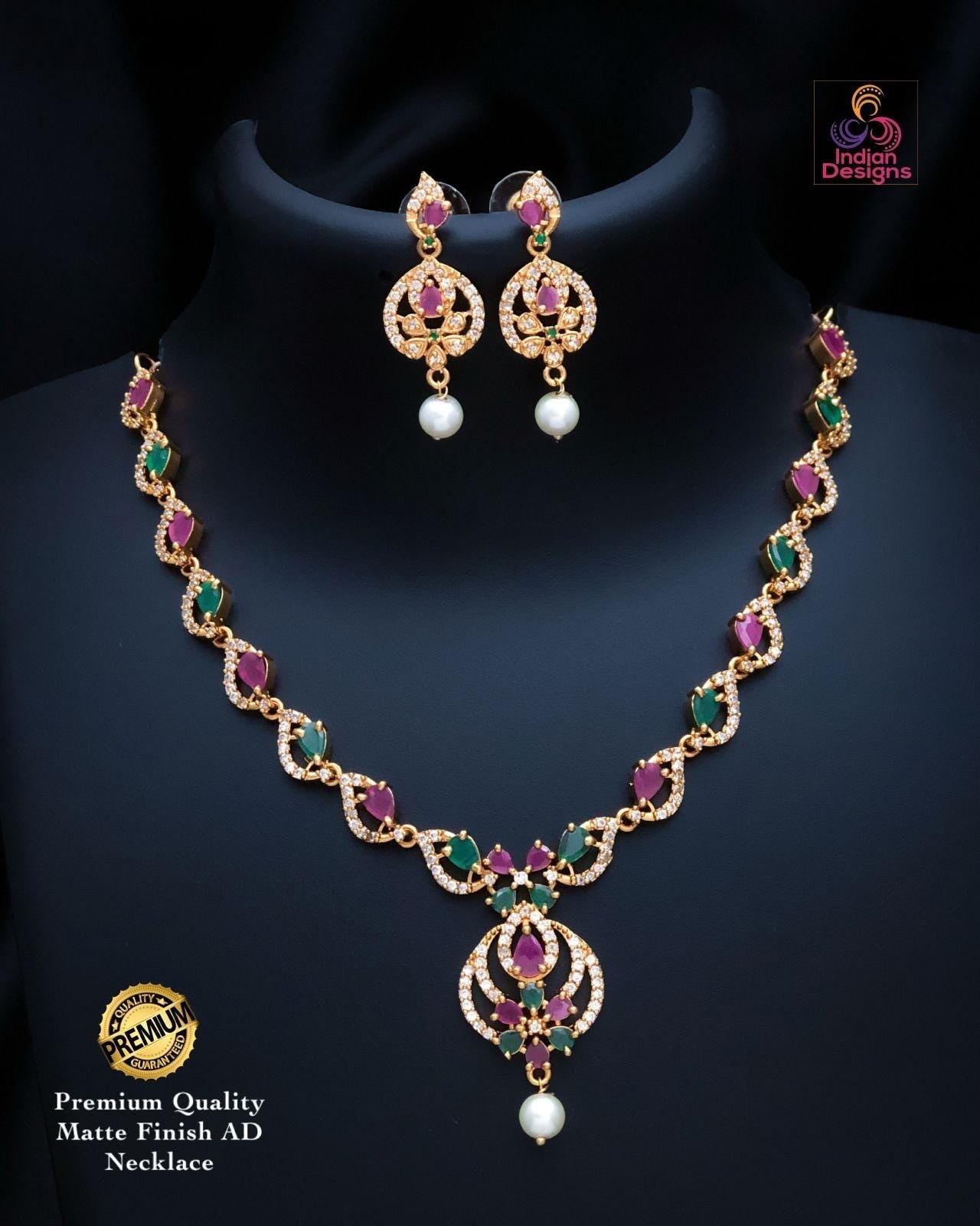 American Diamond Ruby Green Necklace Set| Matte Finish CZ Jewelry with Pearl Drop| Wedding & Party Wear Necklace Earring Combo|Gift for her