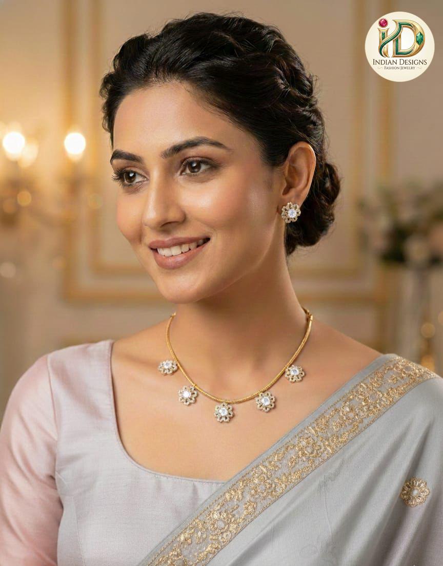 Gold Plated Minimalist Floral Necklace Set| Dainty CZ Stone Charm Choker| Simple Indian Jewelry| Office Wear Pendant Chain| Gift for her