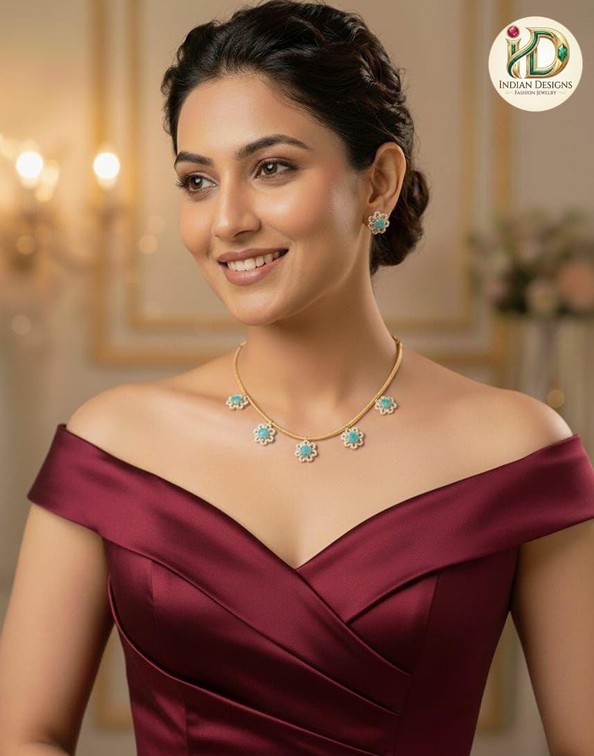 Gold Plated Minimalist Floral Necklace Set| Dainty CZ Stone Charm Choker| Simple Indian Jewelry| Office Wear Pendant Chain| Gift for her