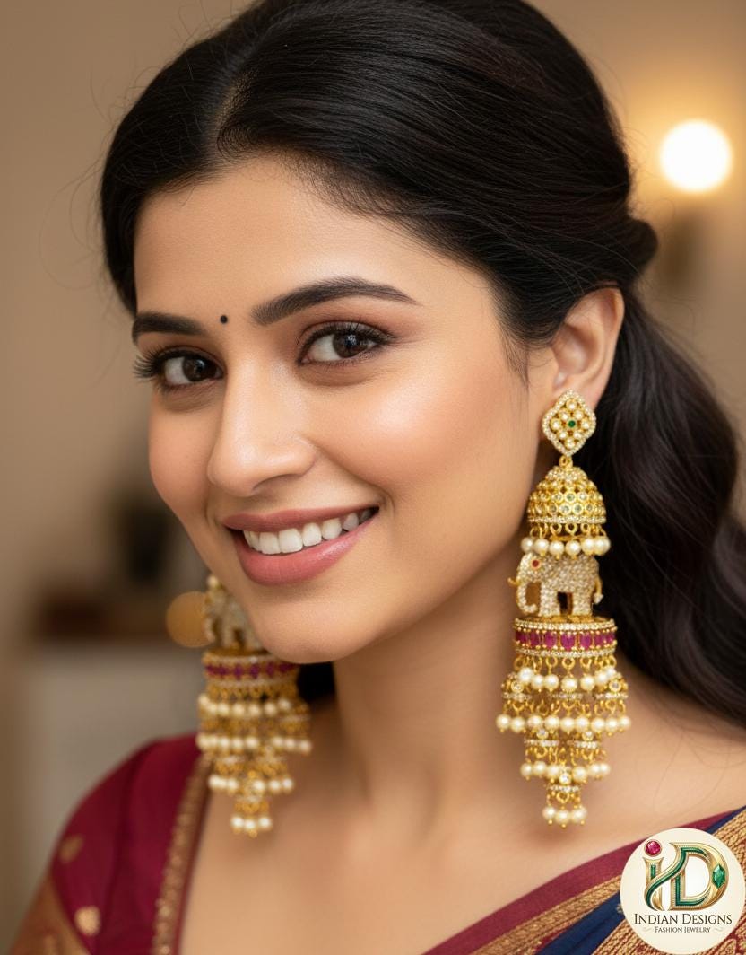 Matte Gold Wedding Party-wear Pearl Jhumka set |American Diamond Multi step Indian/Pakistani Jhumki Design |Long Dangle Pearl drop Earrings