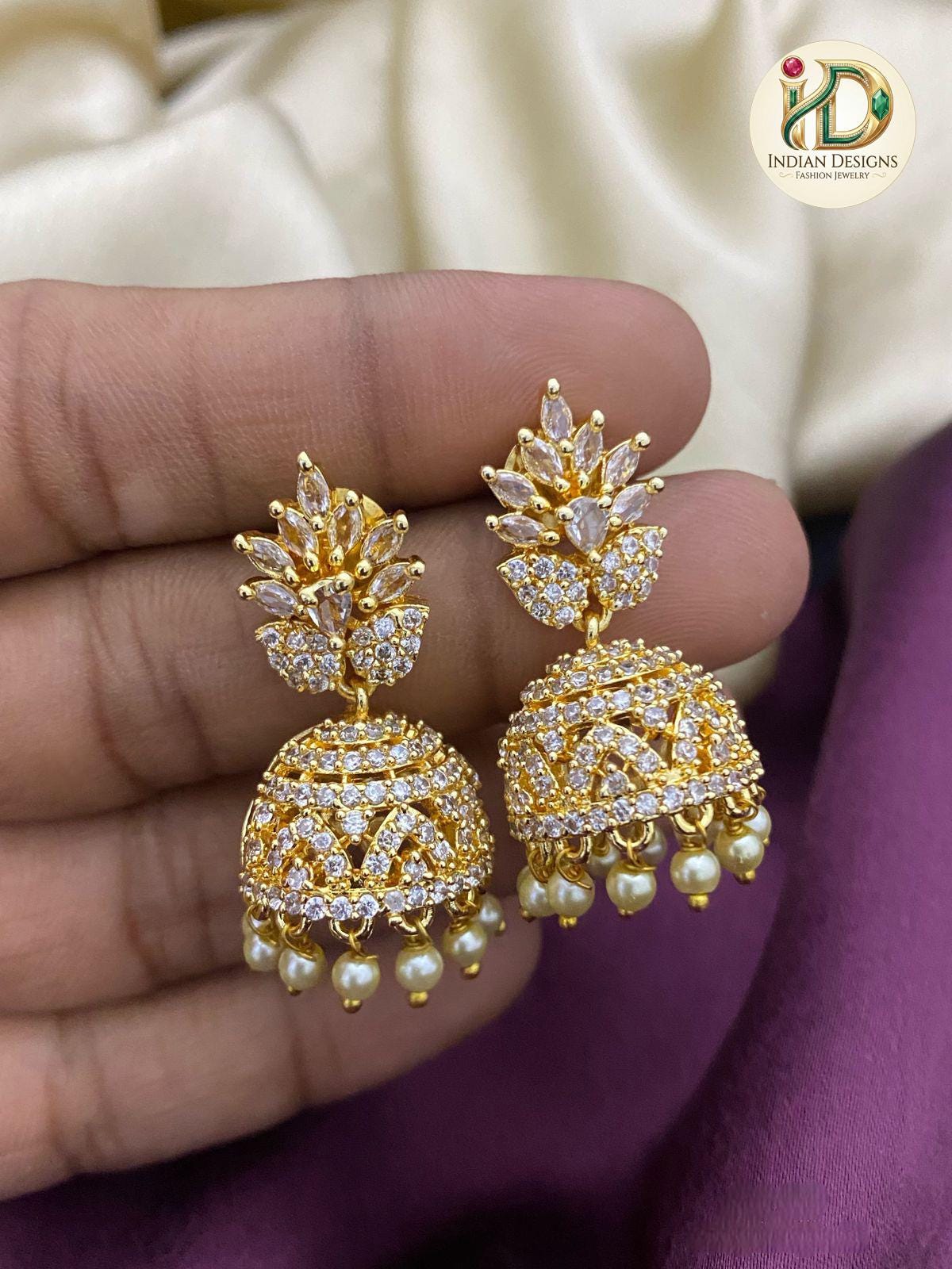 AD Jhumka Earrings with Pearl Drops| Gold Plated American Diamond Earrings| Traditional Indian Ethnic Jhumkis| Gift for her