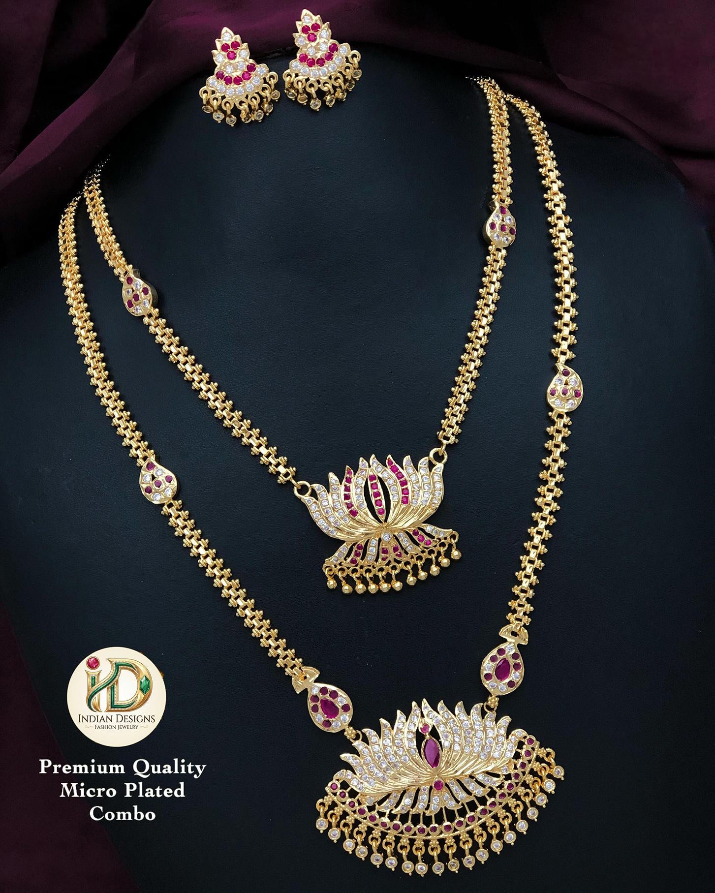 Gold Plated Lotus Necklace Set| 2-Piece Long & Short Haram Set| American Diamond Lotus Jewelry | Available in Ruby, White, and Multi-Color