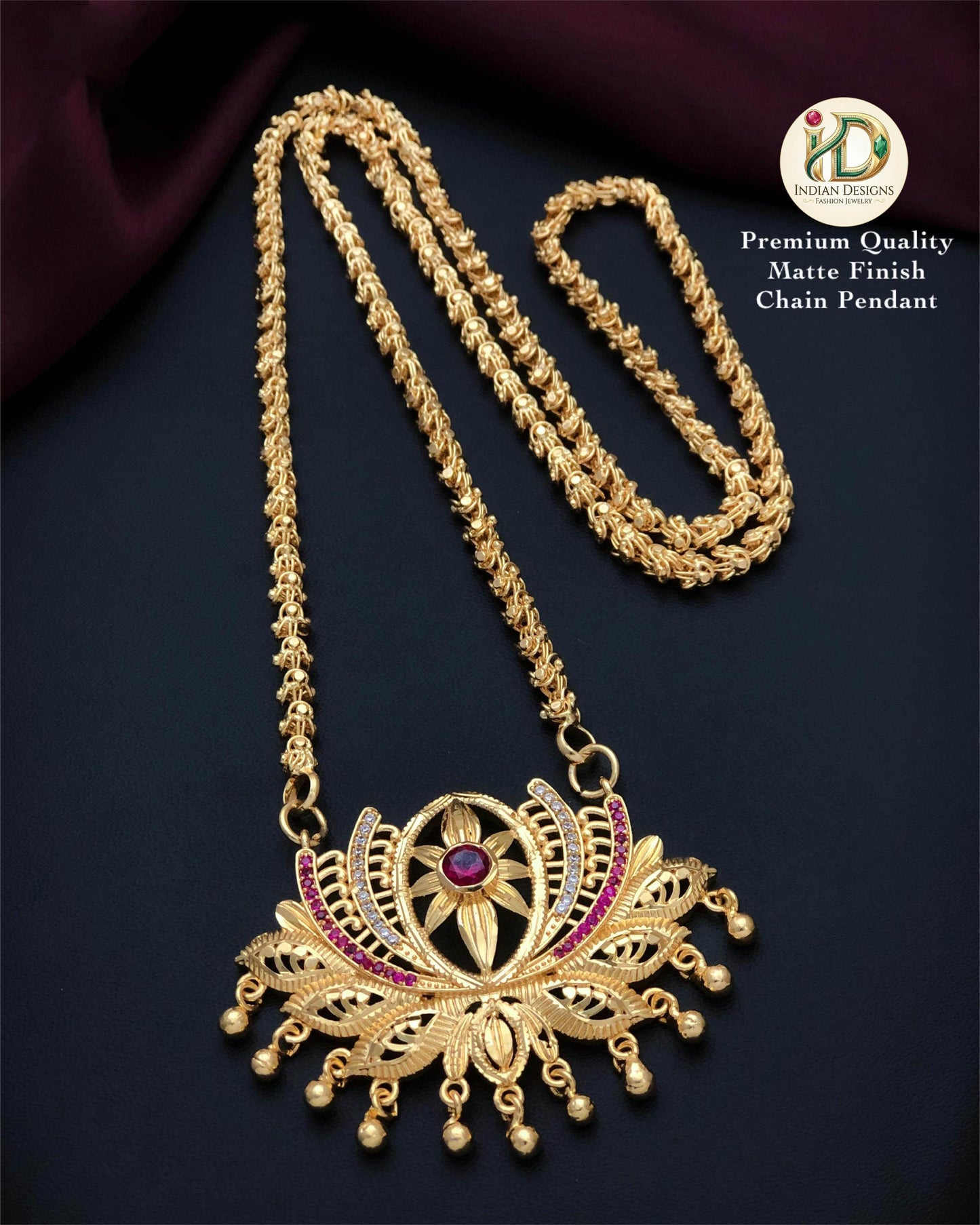 Gold Plated Lotus Pendant Chain Necklace| American Diamond Ruby Green Pendant Jewelry| Traditional South Indian statement Pendant Necklace|