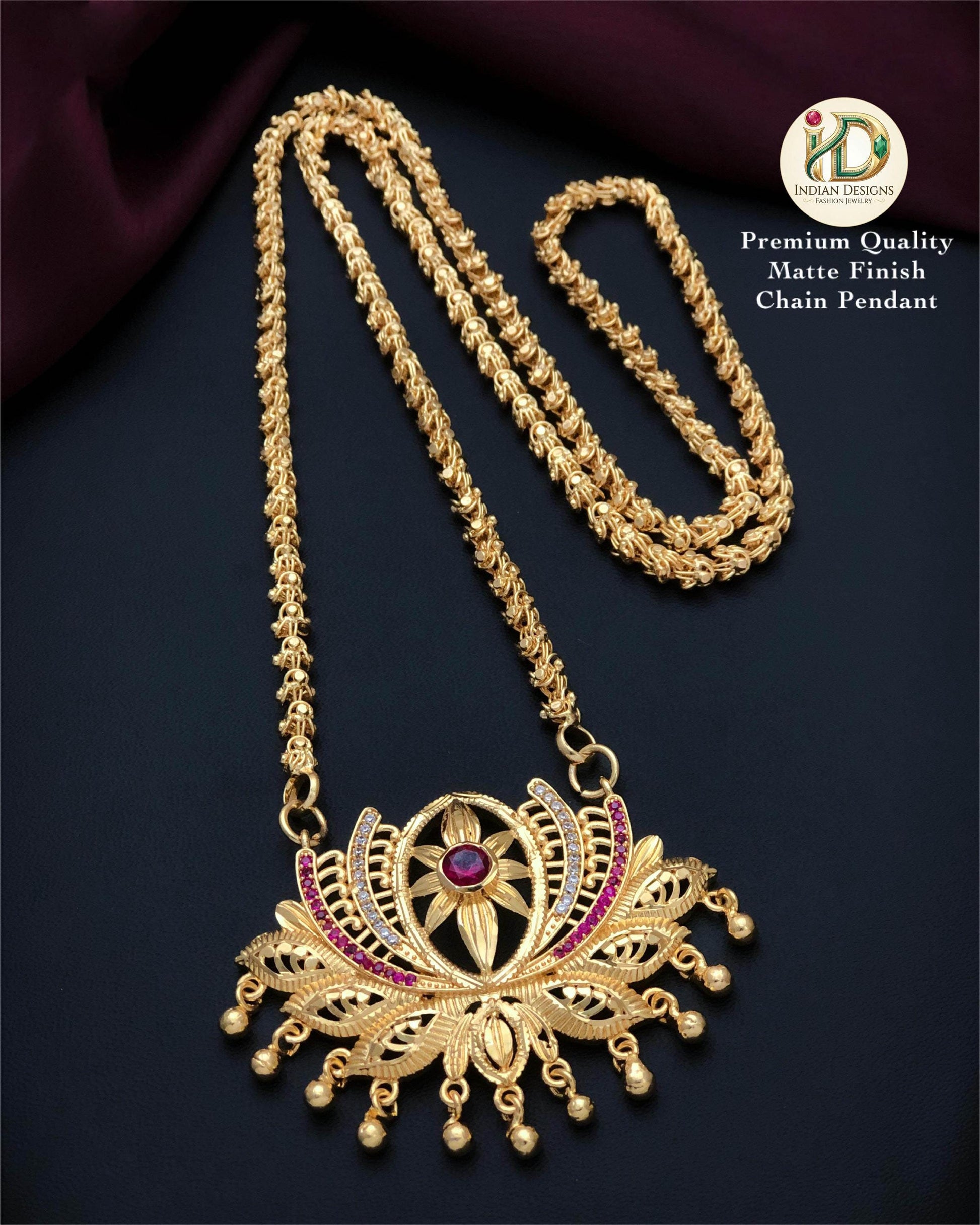Gold Plated Lotus Pendant Chain Necklace| American Diamond Ruby Green Pendant Jewelry| Traditional South Indian statement Pendant Necklace|