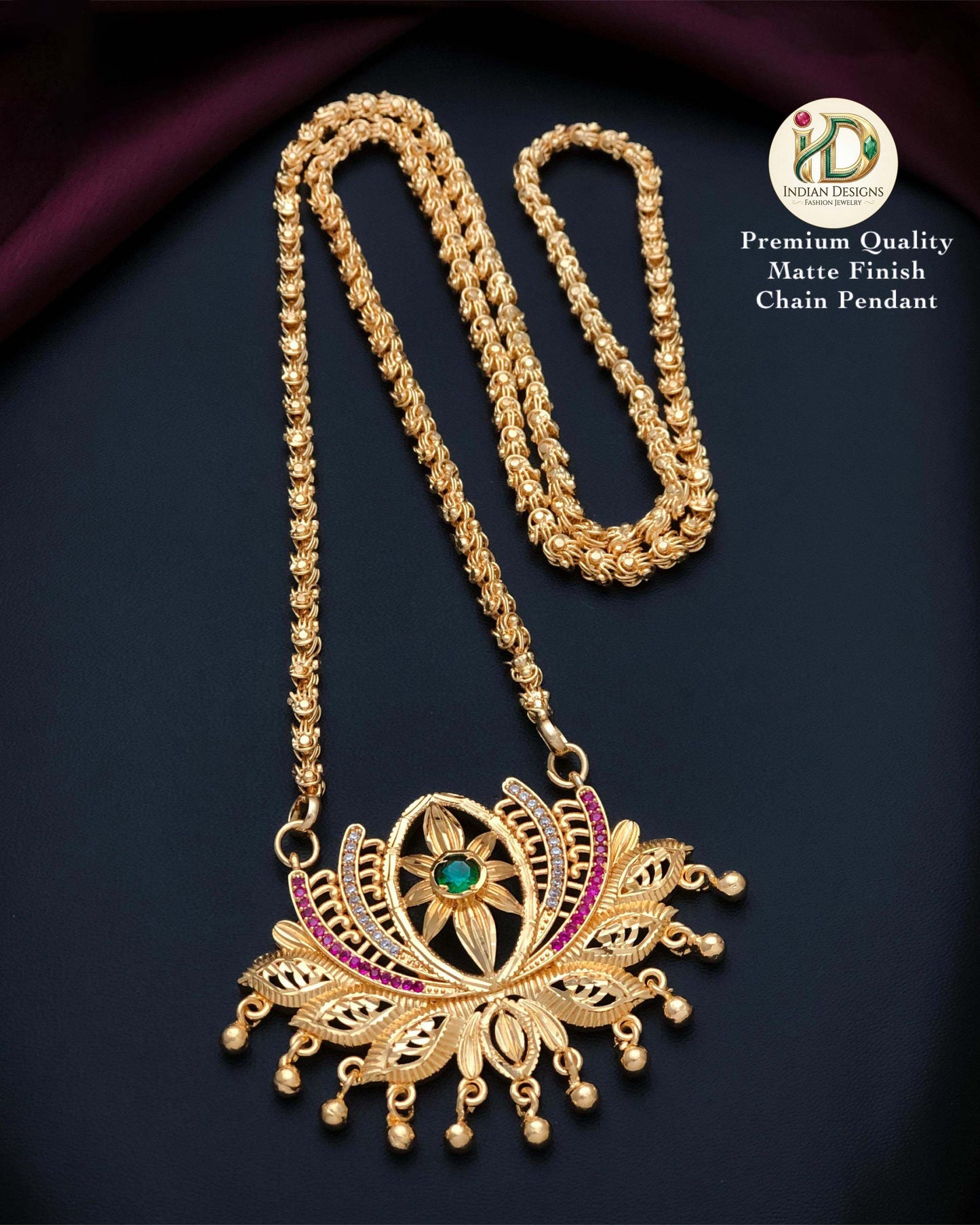 Gold Plated Lotus Pendant Chain Necklace| American Diamond Ruby Green Pendant Jewelry| Traditional South Indian statement Pendant Necklace|